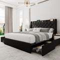 Einhomn Queen Bed Frame with 4 Storage Drawers, Upholstered Modern Bed Frame with Wingback Headboard, Charging Station, No Box Spring Needed, Easy Assembly, Black