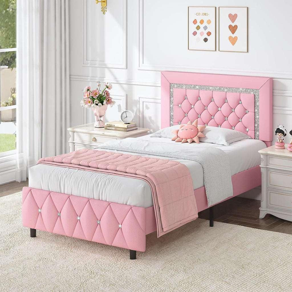 HOMBCK Twin Bed Frame with Diamond Headboard, Faux Leather Upholstered Platform Bed, Mattress Foundation, No Box Spring Needed, Easy Assembly, Pink