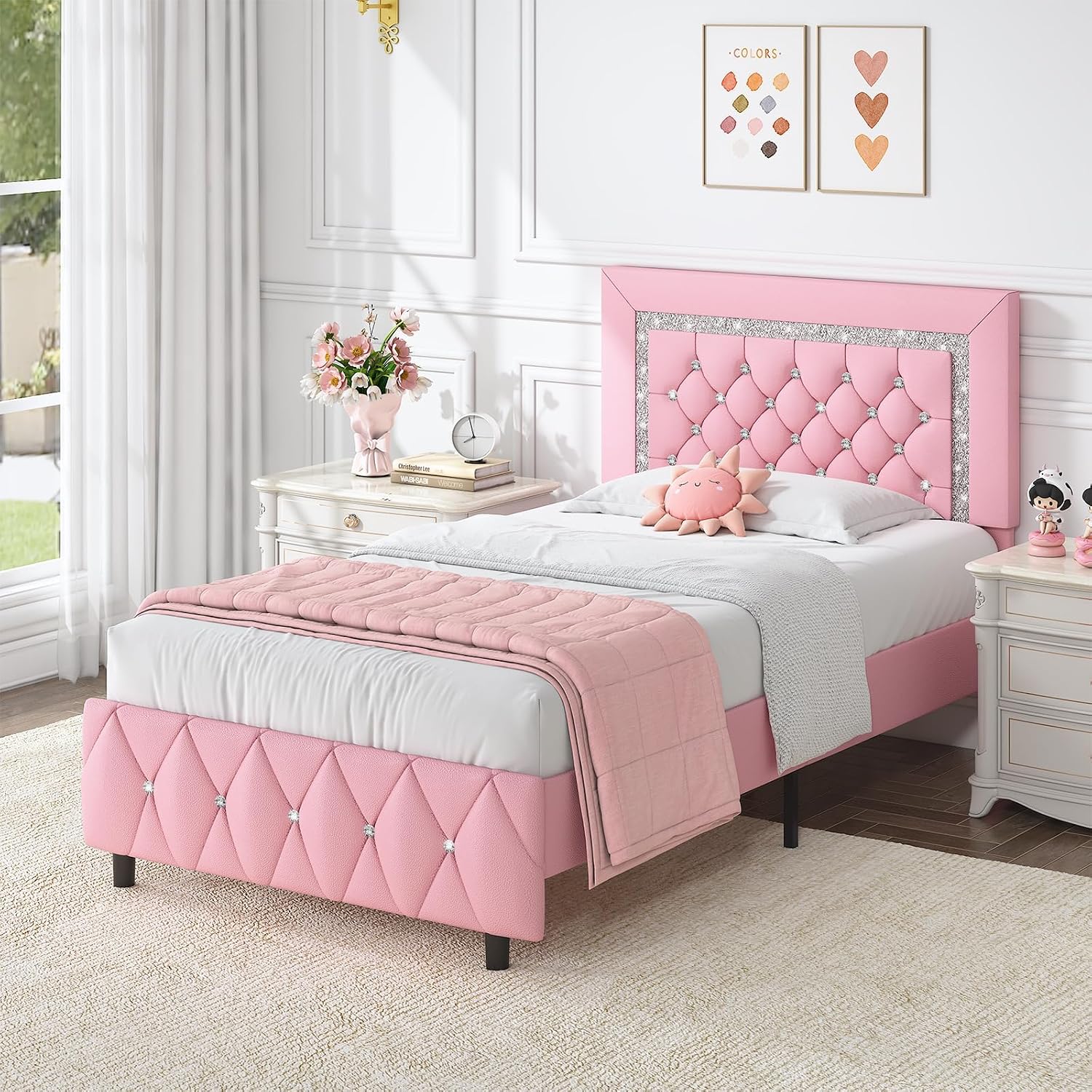 HOMBCK Twin Bed Frame with Diamond Headboard, Faux Leather Upholstered Platform Bed, Mattress Foundation, No Box Spring Needed, Easy Assembly, Pink