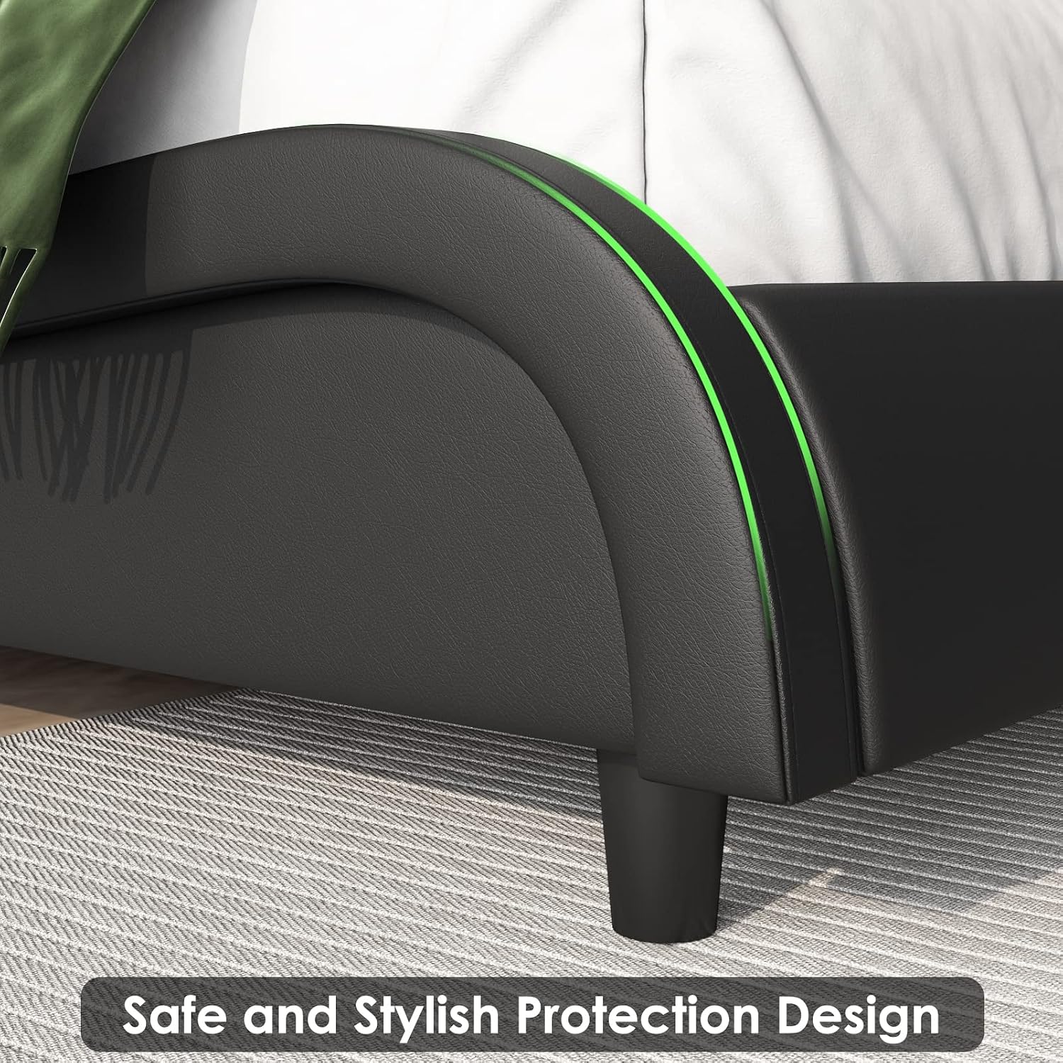 Keyluv King Size LED Bed Frame with Adjustable Headboard & Removable Pillow, PU Leather Upholstered Platform Bed, Wave-Like Curve Safety Design, Solid Wooden Slats Support, Easy Assembly, Black