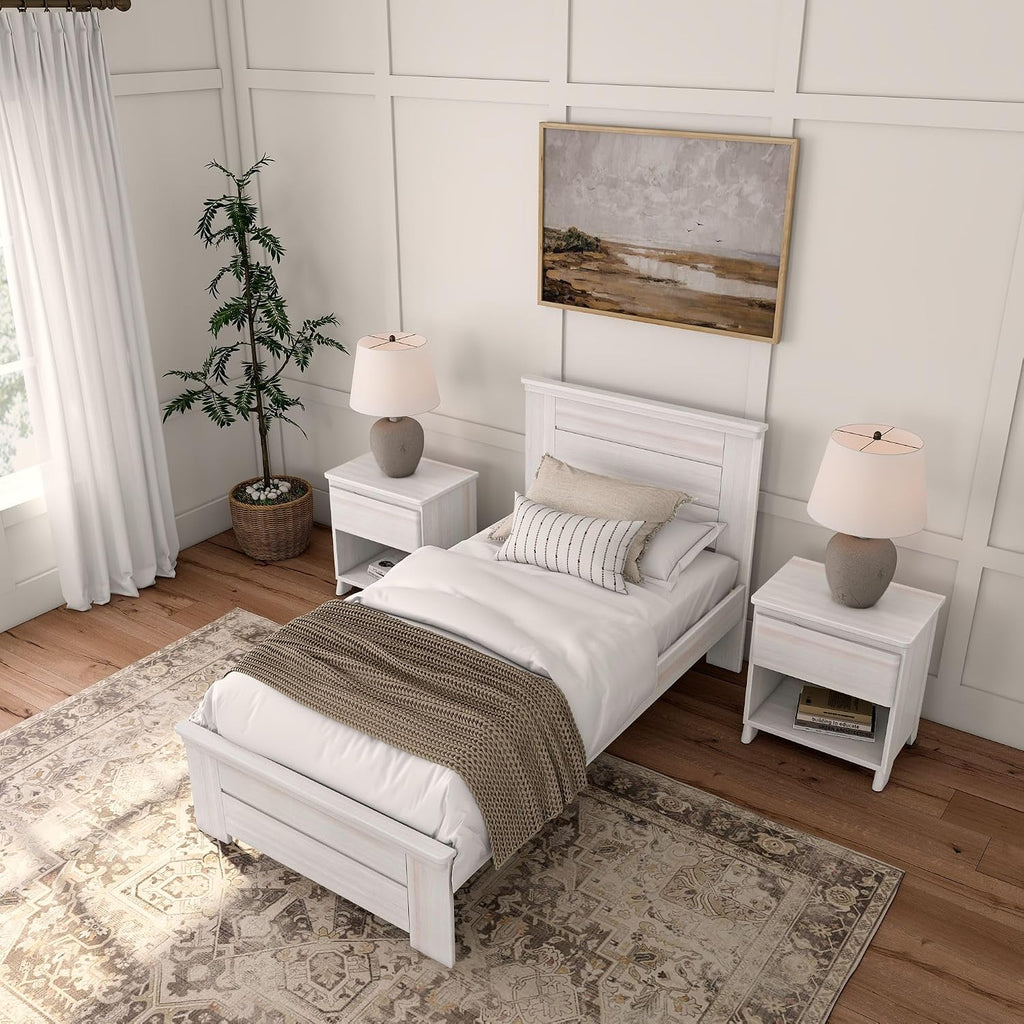 Plank+Beam Rustic Wood Twin Bed Frame, Platform Bed with Headboard, Solid, White Wash