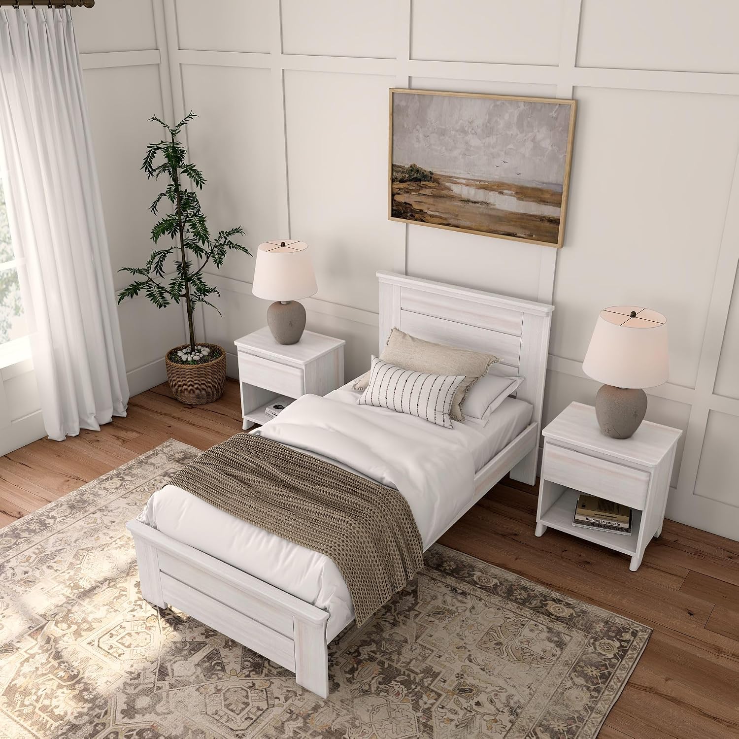 Plank+Beam Rustic Wood Twin Bed Frame, Platform Bed with Headboard, Solid, White Wash