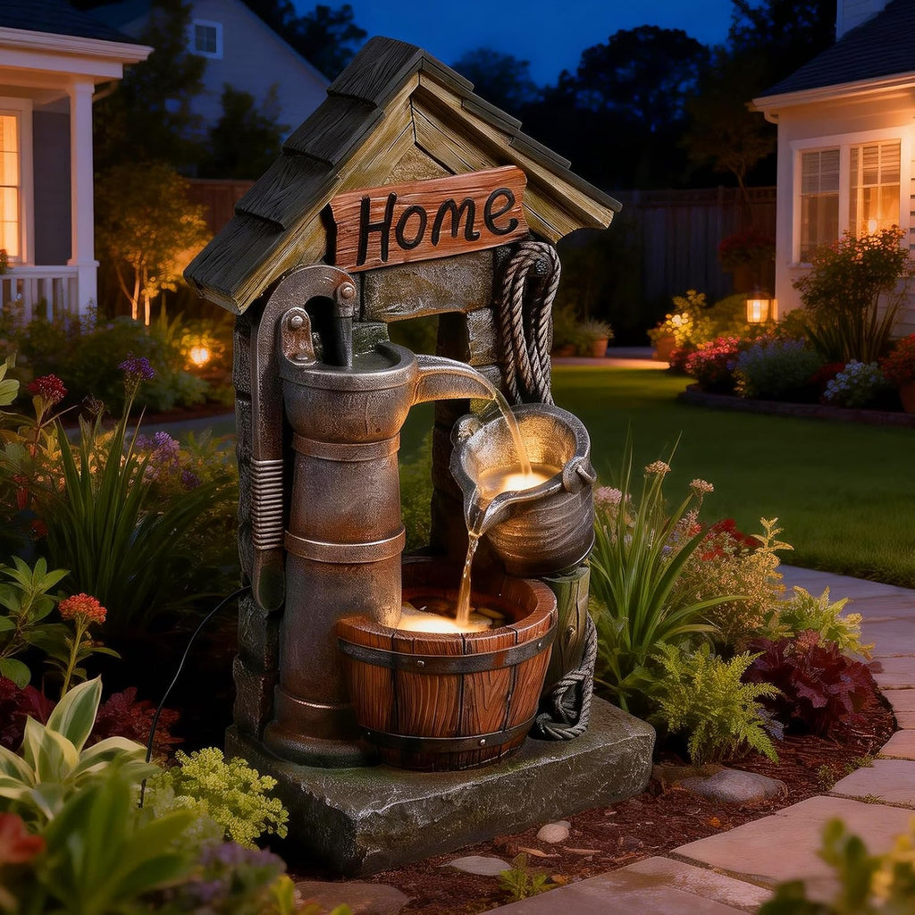 Vintage Country Style Wall-Mounted and Freestanding Outdoor Fountain, 28.7 H Resin Garden Water Feature with Water Well and Wine Barrel for Gardens, Landscaping, Patios, Balconies, Lawns