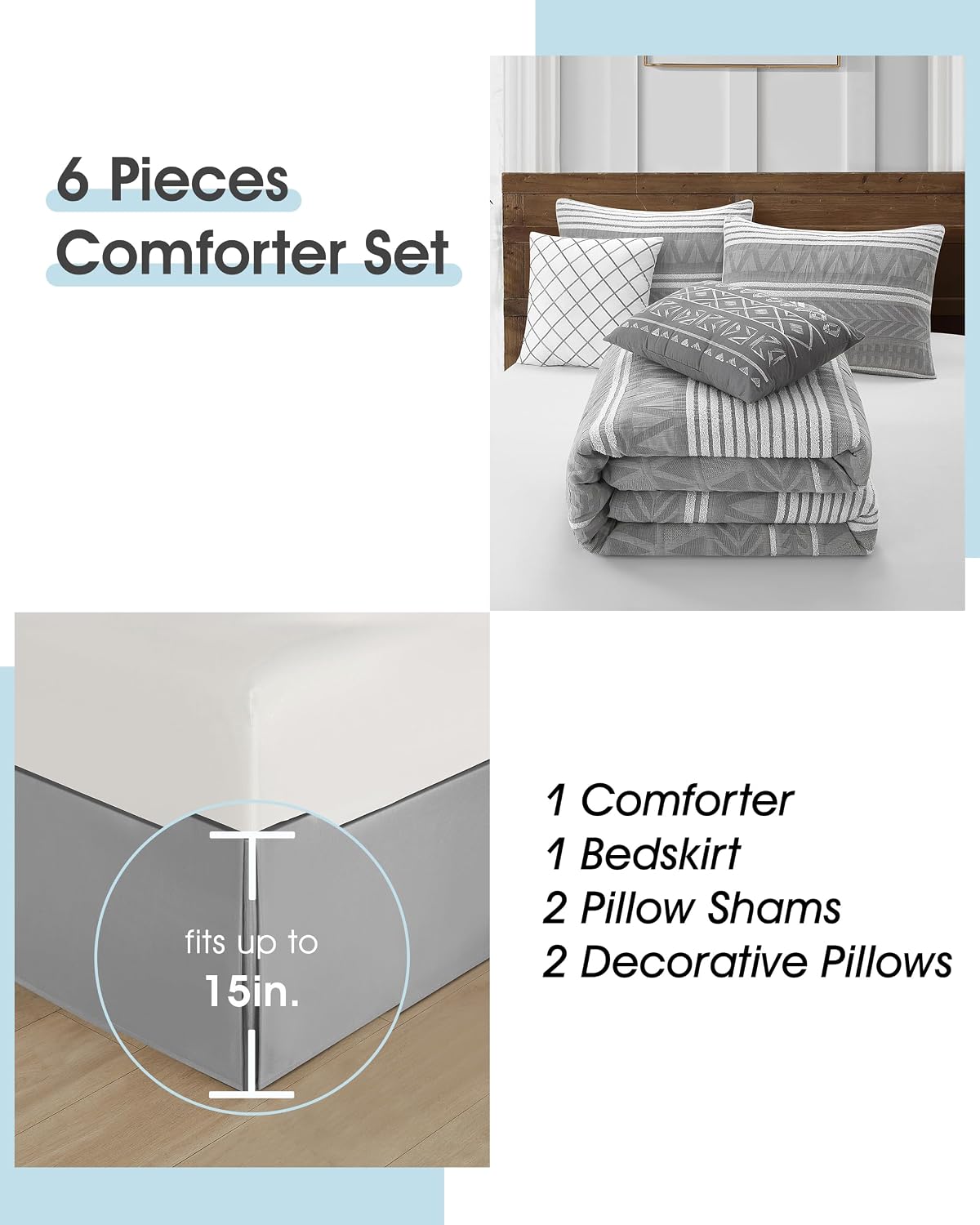 LANCO MODERN LIFESTYLE Cotton Comforter Set Queen, Gorgeous Geometric Jacquard, Grey Soft Lightweight Bedding Set for All Seasons, 6 Pieces with Bedskirt, Pillow Shams and Decor Pillows