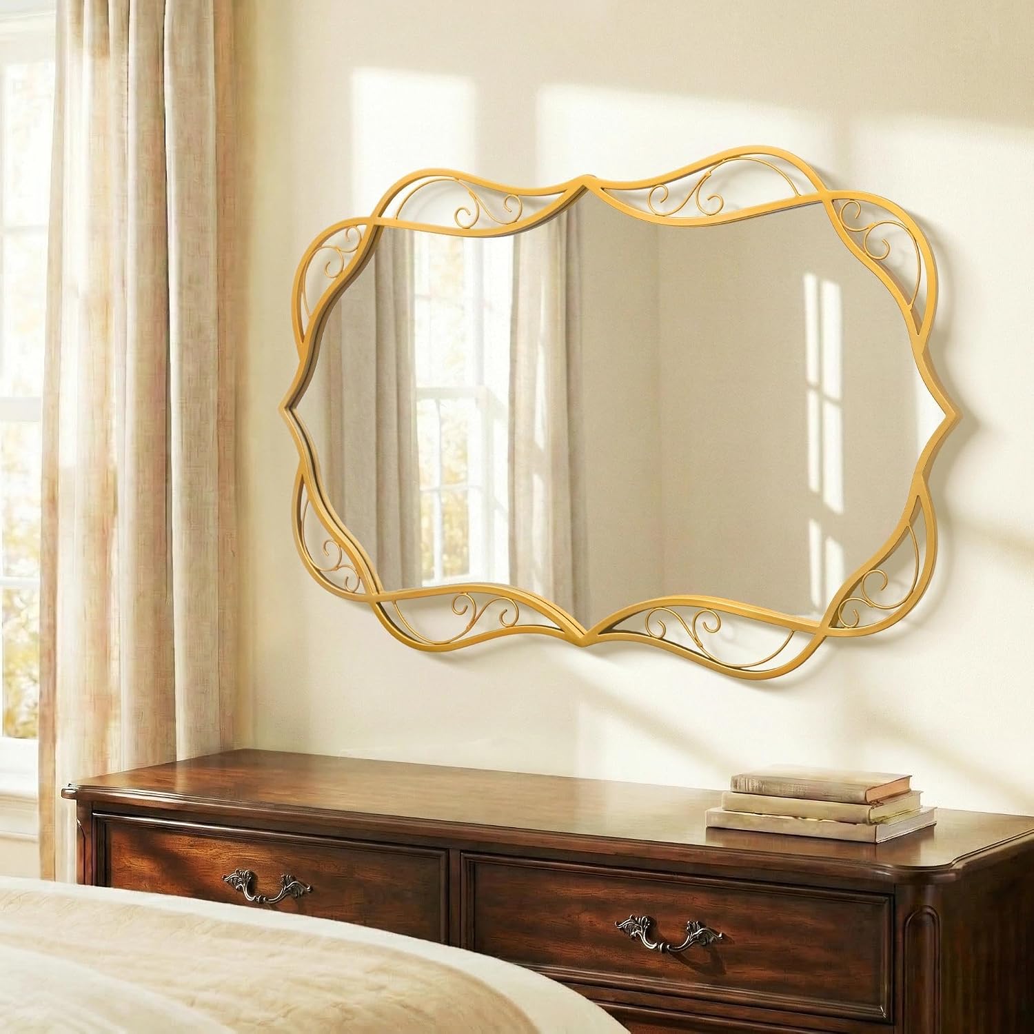 Besdomus Antique Gold Bathroom Mirror: 24'x36' Scalloped Modern Large Bathroom Vanity Mirrors for Over Sink - Farmhouse Decorative Vertical or Horizontal Hanging for Bathroom/Living Room/Entryway