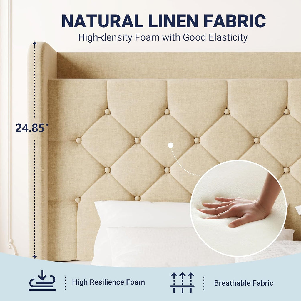 Allewie Queen Size Bed Frame, Storage Headboard with Charging Station, Wingback Linen Upholstered, Diamond Stitched Button Tufted, Sturdy Wooden Slats, No Box Spring Needed, Easy Assembly, Beige