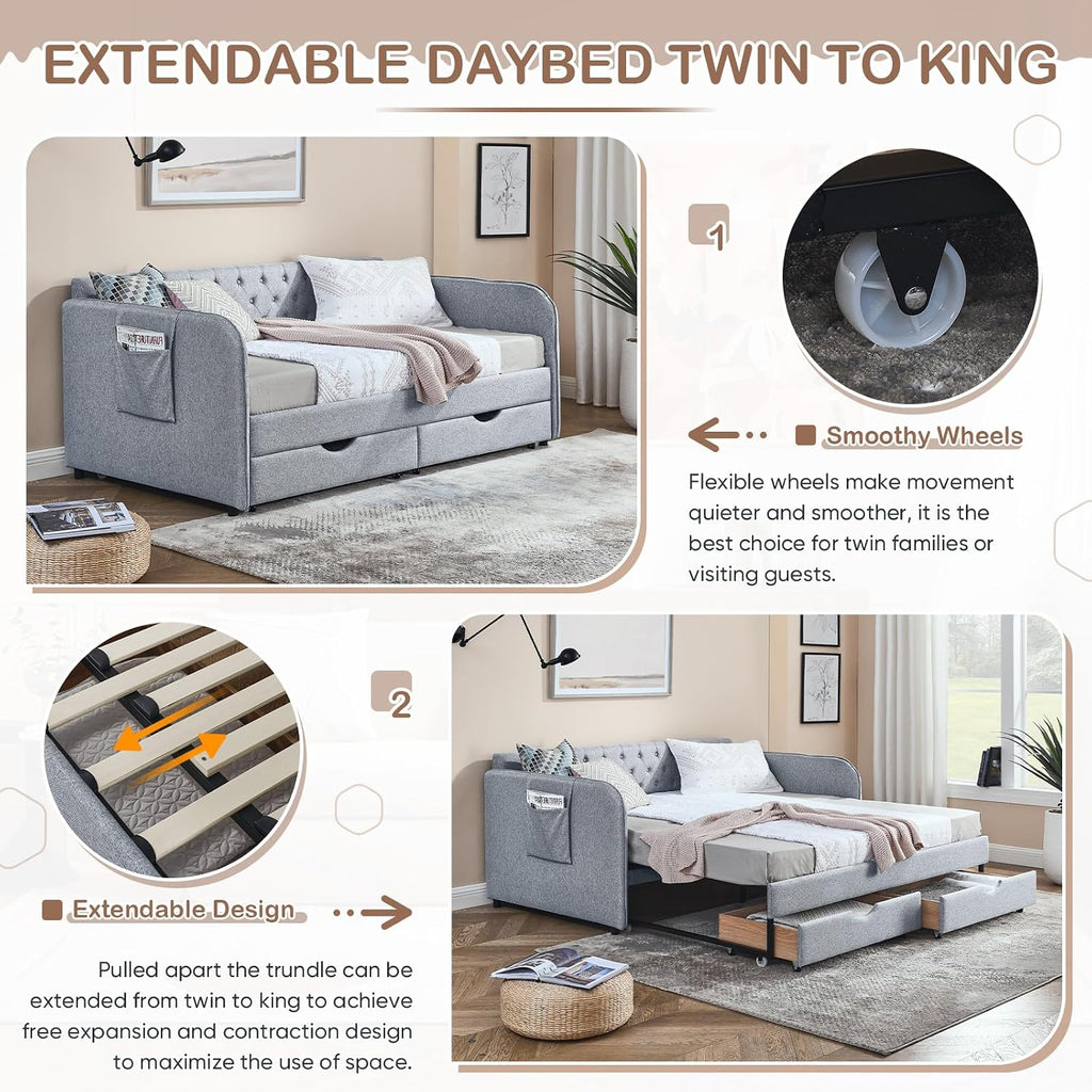 Antetek 80.5' Daybed with Drawer, Modern Button Tufted Linen Day Bed with Trundle Bed Twin to King, Upholstered Daybed Frame w/Storage Pocket for Bedroom, Living Room, No Box Spring Needed, Grey