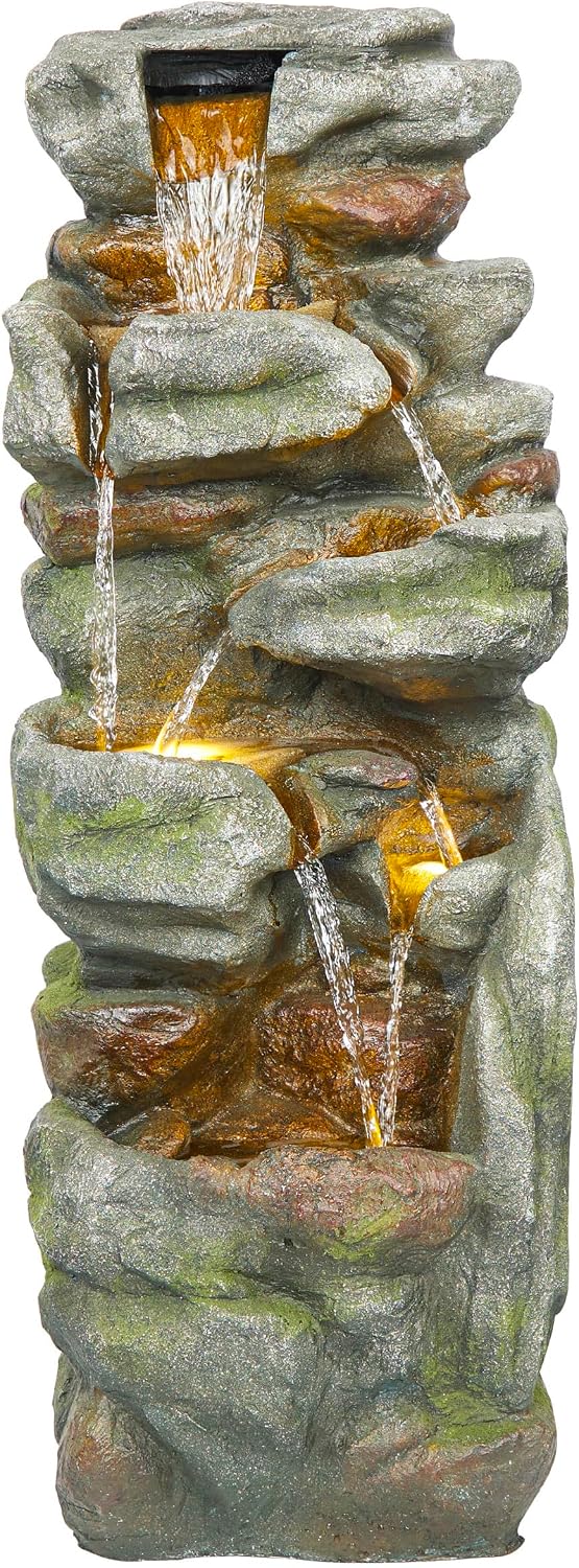 Alpine Corporation 39' Tall Outdoor Mult-itiered Elegant Rock Look Waterfalls Floor Fountain with LED Lights, Gray