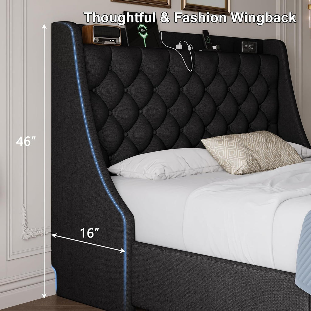 Queen Size Upholstered Platform Bed Frame with 4 Storage Drawers and Charging Station, Linen Button Tufted Wingback Headboard, Sturdy Wooden Support Slats, No Box Spring Needed, Black