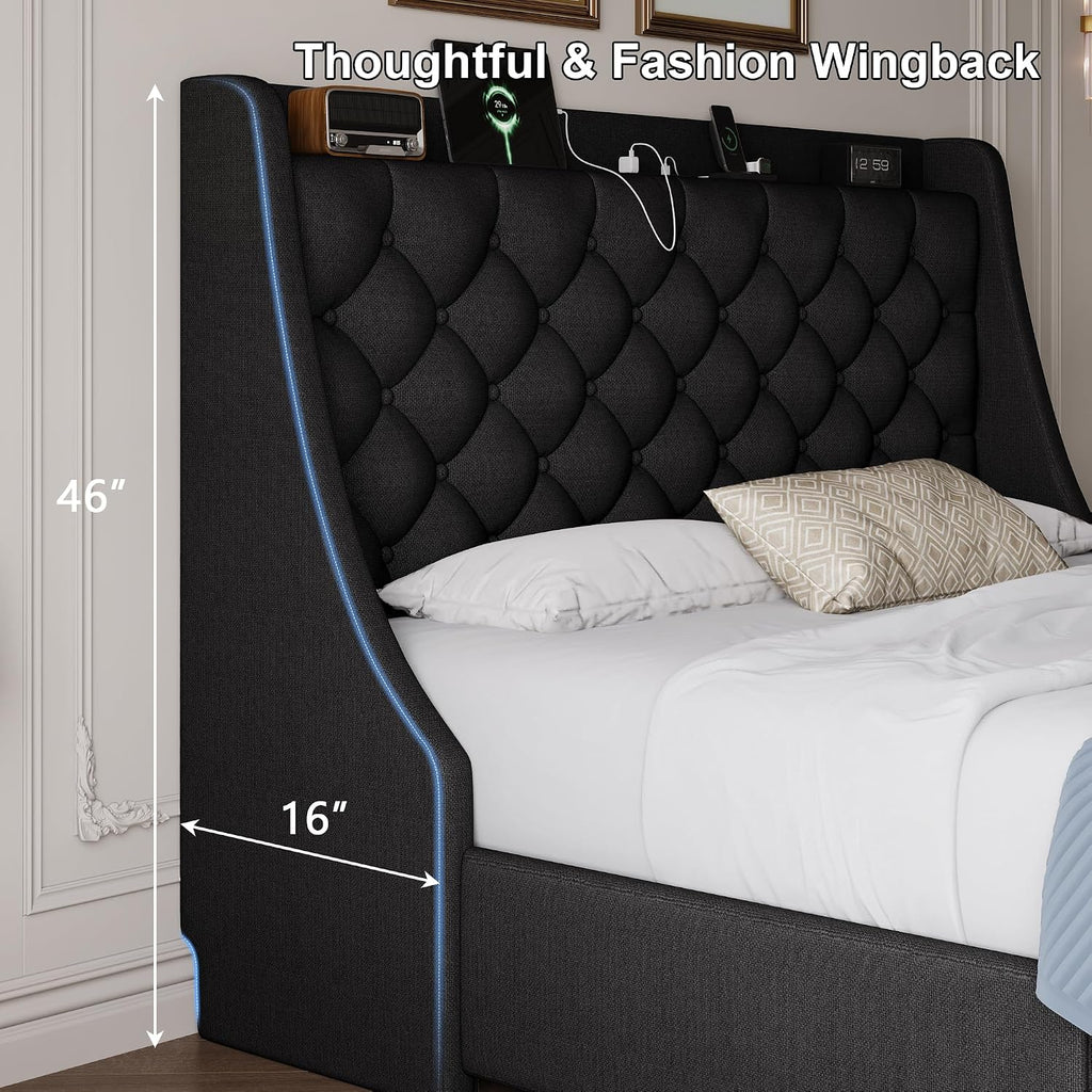 Full Size Bed Frame with 4 Storage Drawers & Charging Headboard, Linen Button Tufted Upholstered Platform Bedframe/w Wingback, Sturdy Wooden Support Slats, No Box Spring Needed, Black