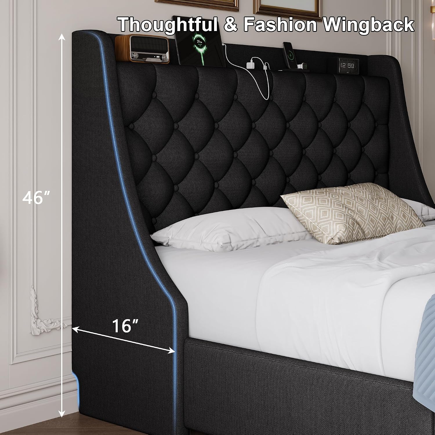 Full Size Bed Frame with 4 Storage Drawers & Charging Headboard, Linen Button Tufted Upholstered Platform Bedframe/w Wingback, Sturdy Wooden Support Slats, No Box Spring Needed, Black