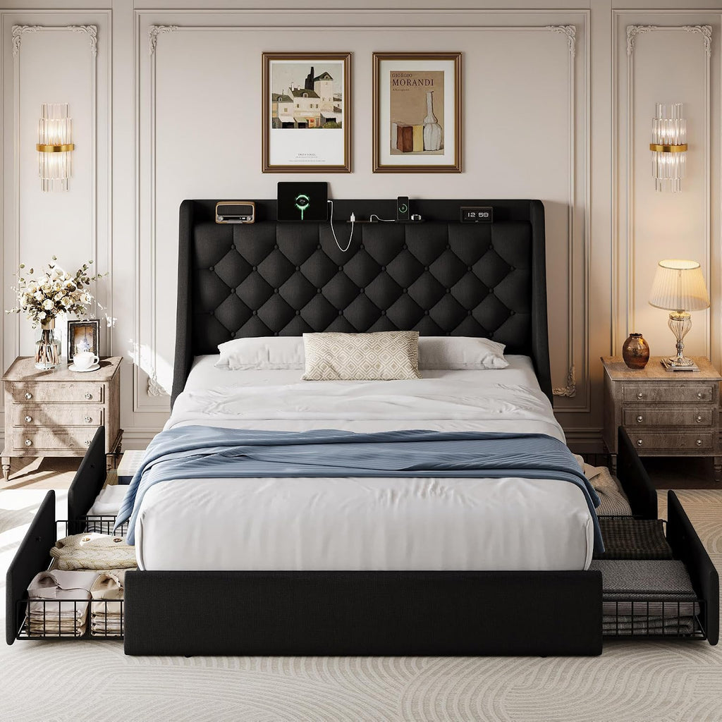 Queen Size Upholstered Platform Bed Frame with 4 Storage Drawers and Charging Station, Linen Button Tufted Wingback Headboard, Sturdy Wooden Support Slats, No Box Spring Needed, Black
