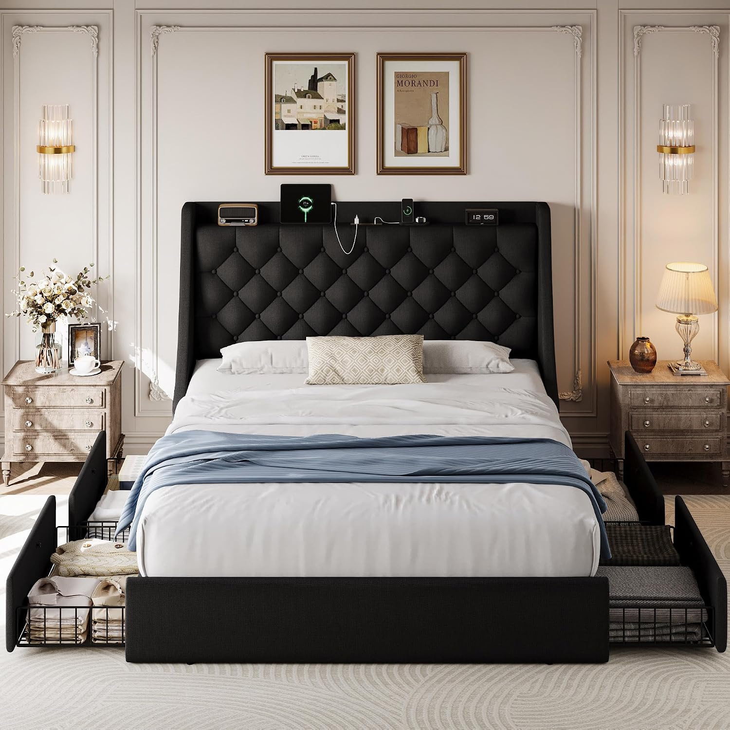 Full Size Bed Frame with 4 Storage Drawers & Charging Headboard, Linen Button Tufted Upholstered Platform Bedframe/w Wingback, Sturdy Wooden Support Slats, No Box Spring Needed, Black