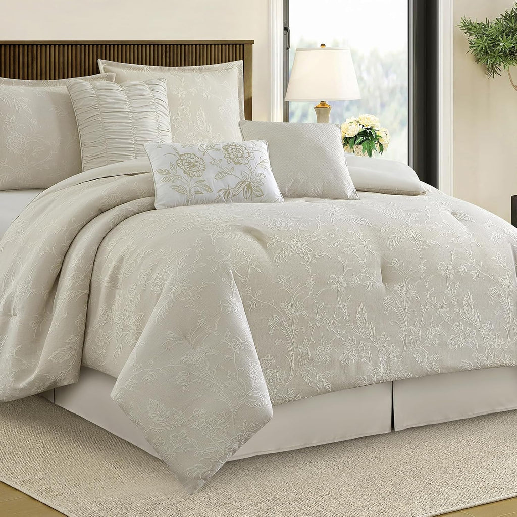 LANCO MODERN LIFESTYLE 7 Piece Beige Comforter Set, Queen, Cotton Fabric Jacquard Patchwork Floral, Year-Round Comfort Bed in a Bag with Bed Skirt, Shams & Decorative Pillows