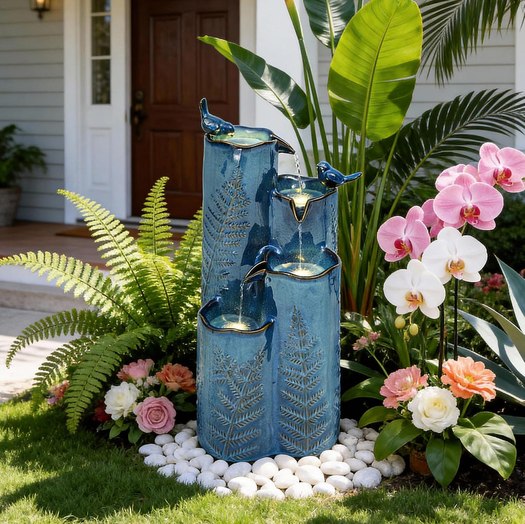 32' H Ceramic Outdoor Water Fountain, 4-Tier Tropical Cascading Waterfall with LED, Turquoise Glaze & Embossed Fern Pattern, Bird-Attracting Water Feature for Garden Patio Yard & Porch Decor
