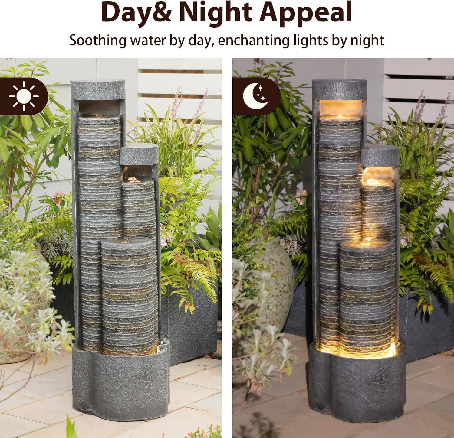 39.76' Tall Indoor Outdoor Water Fountain Modern Water Feature Stone-Textured Cascading Floor-Standing Fountains with Led Lights for Garden, Patio, Balcony, Yard, Office Home Art Decor