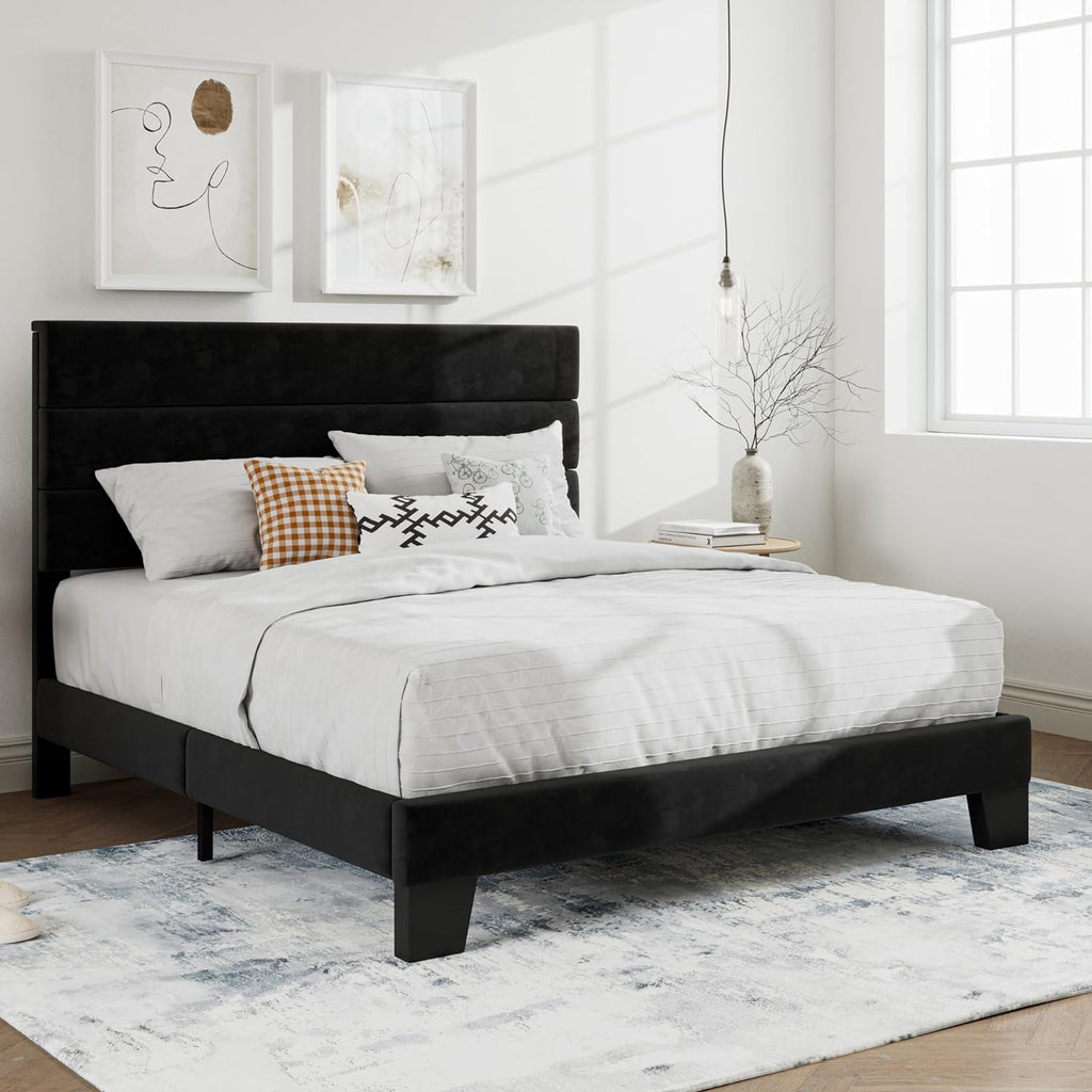 SHA CERLIN Queen Platform Bed Frame with Velvet Upholstered Headboard, Mattress Foundation with Strong Wooden Slats Support, No Box Spring Needed, Black