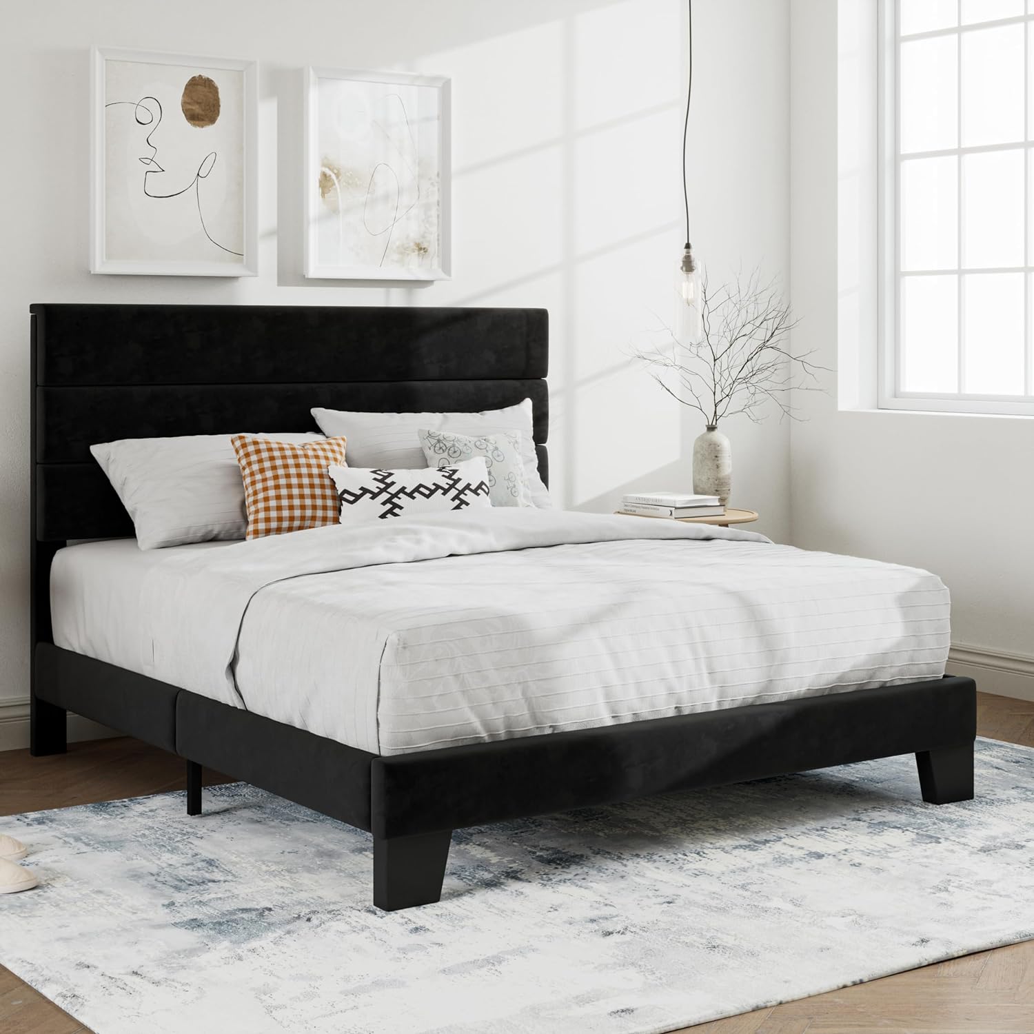 SHA CERLIN Queen Platform Bed Frame with Velvet Upholstered Headboard, Mattress Foundation with Strong Wooden Slats Support, No Box Spring Needed, Black