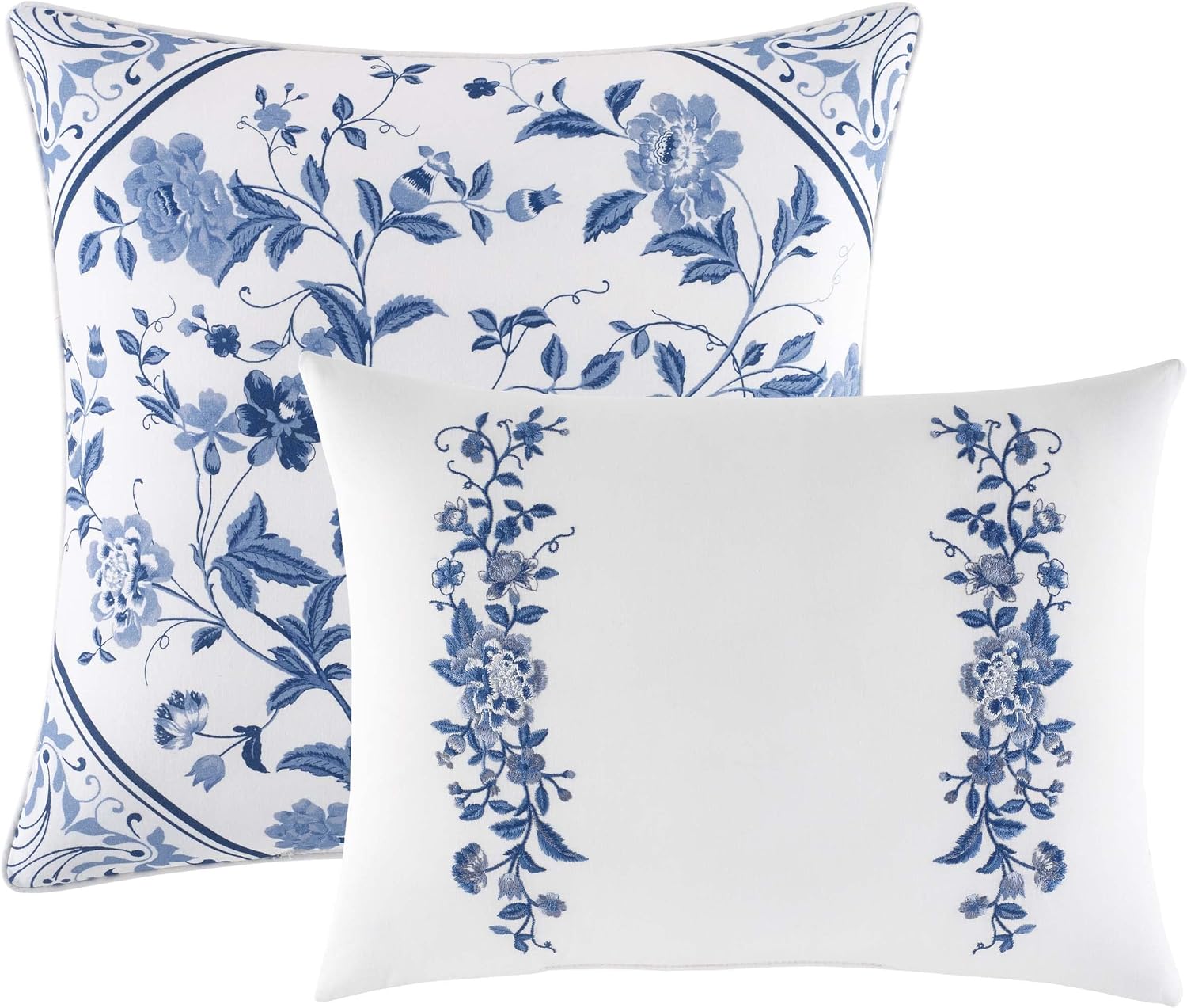 Laura Ashley – Queen Comforter Set, Reversible Floral Bedding with Matching Shams & Bonus Decorative Pillows, Medium Weight, 7-Piece, College Dorm Room Essentials (Elise Blue)