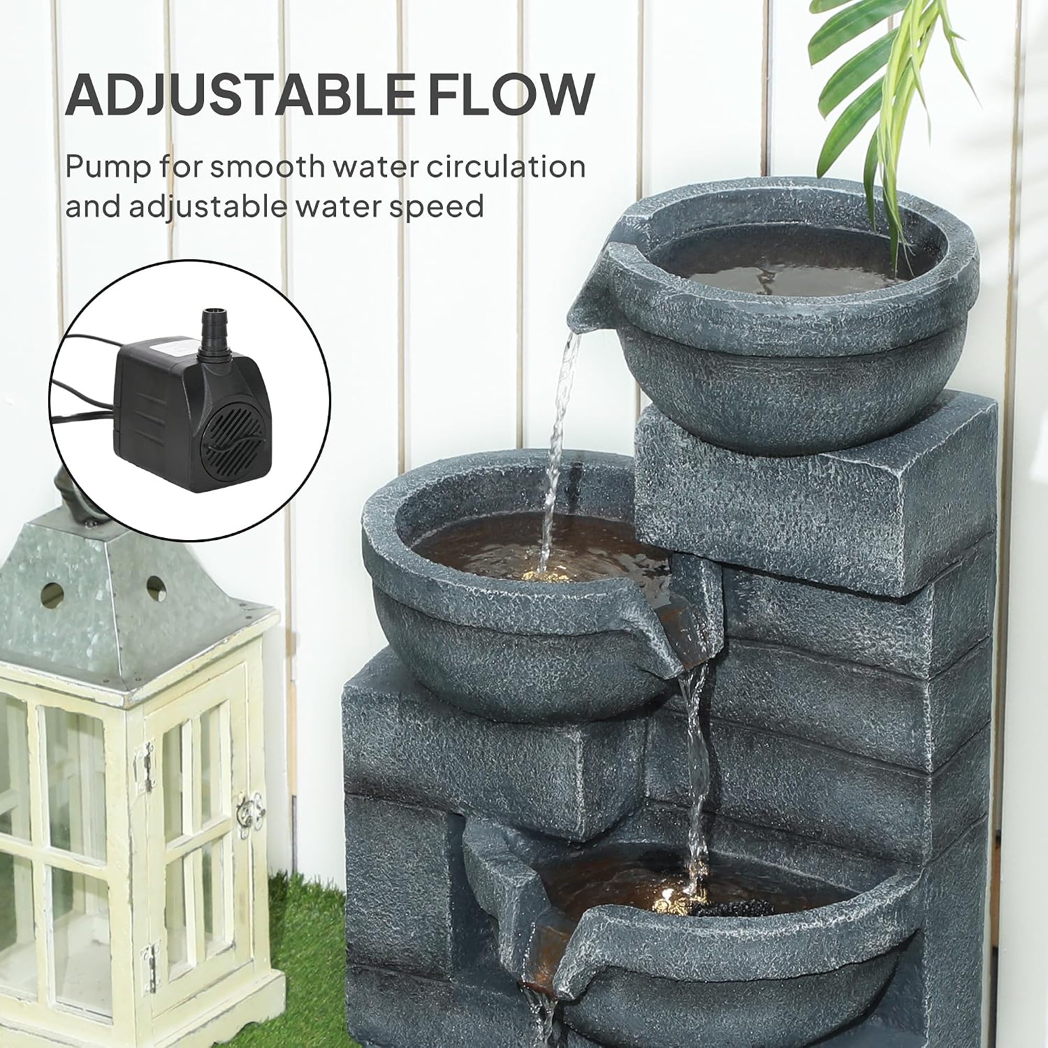 Outsunny 30' Tall Outdoor Waterfall Fountain with LED Lights, 4-Tier Resin Cascading Water Bowls with Pump, Gray