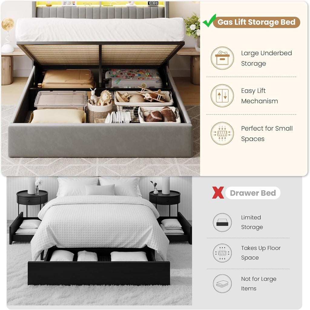 SHA CERLIN Full Size Lift Up Storage Bed Frame/LED Lights/Charging Station/2-Tier Shelves Headboard/USB,Type-C Ports/Velvet Upholstered/Hydraulic Support/No Box Spring Needed/Noise Free/Gray