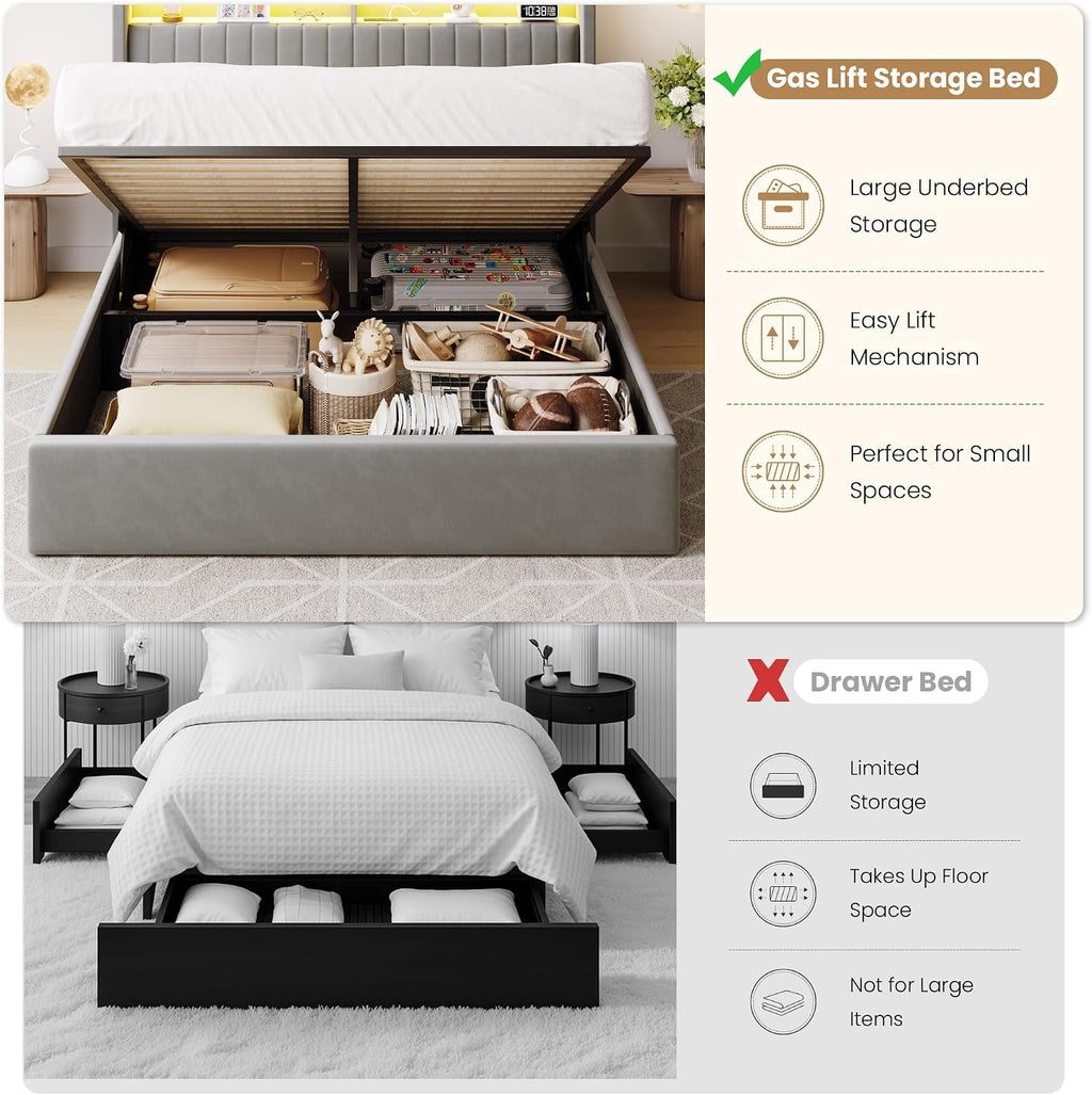 SHA CERLIN Queen Size Lift Up Storage Bed Frame/LED Lights/Charging Station/2-Tier Shelves Headboard/USB,Type-C Ports/Velvet Upholstered/Hydraulic Support/No Box Spring Needed/Noise Free/Gray