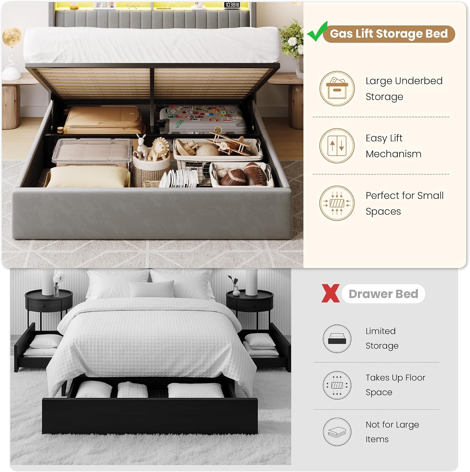 SHA CERLIN Queen Size Lift Up Storage Bed Frame/LED Lights/Charging Station/2-Tier Shelves Headboard/USB,Type-C Ports/Velvet Upholstered/Hydraulic Support/No Box Spring Needed/Noise Free/Gray
