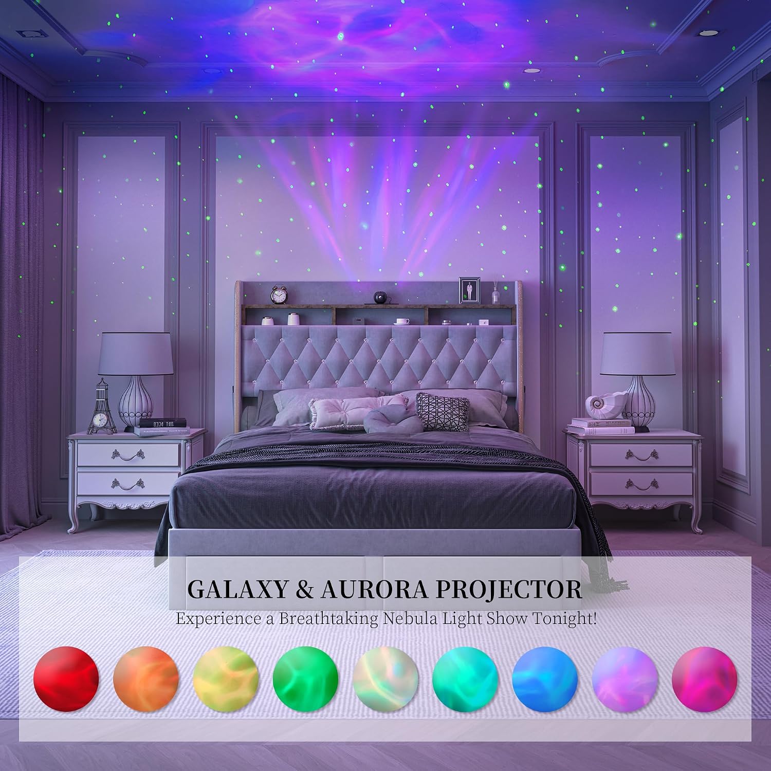 SIBEDS Queen LED Bed Frame with Storage Drawers, Velvet Upholstered Platform Beds with Galaxy Star Projector Charging Station, Aurora Bedframe with 2-Tier Storage Headboard, No Box Spring Needed, Grey