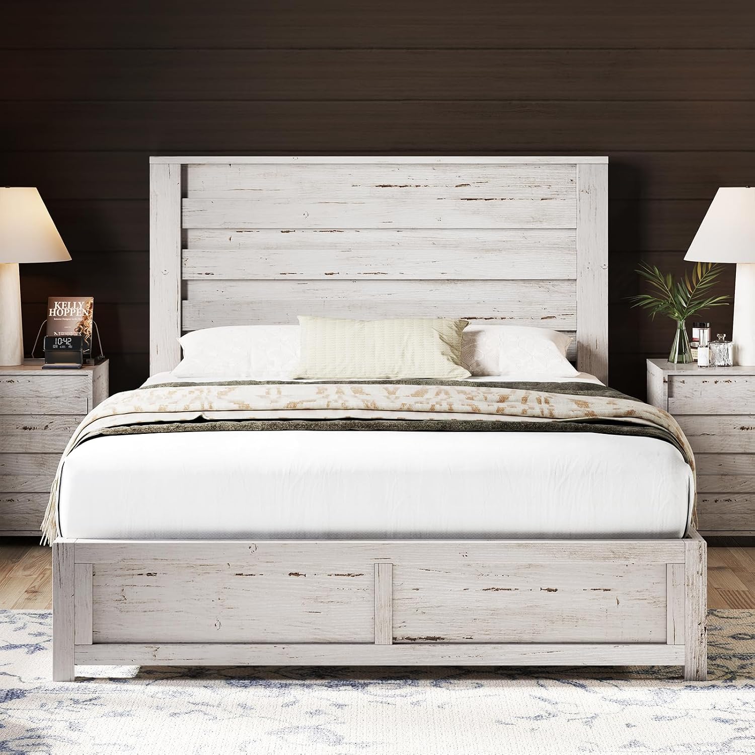 AMERLIFE Farmhouse Queen Size Bed Frame with 49' Fluted Headboard, Wood Platform Bed with Natural Grain, No Box Spring Needed/Noise Free, Distressed White