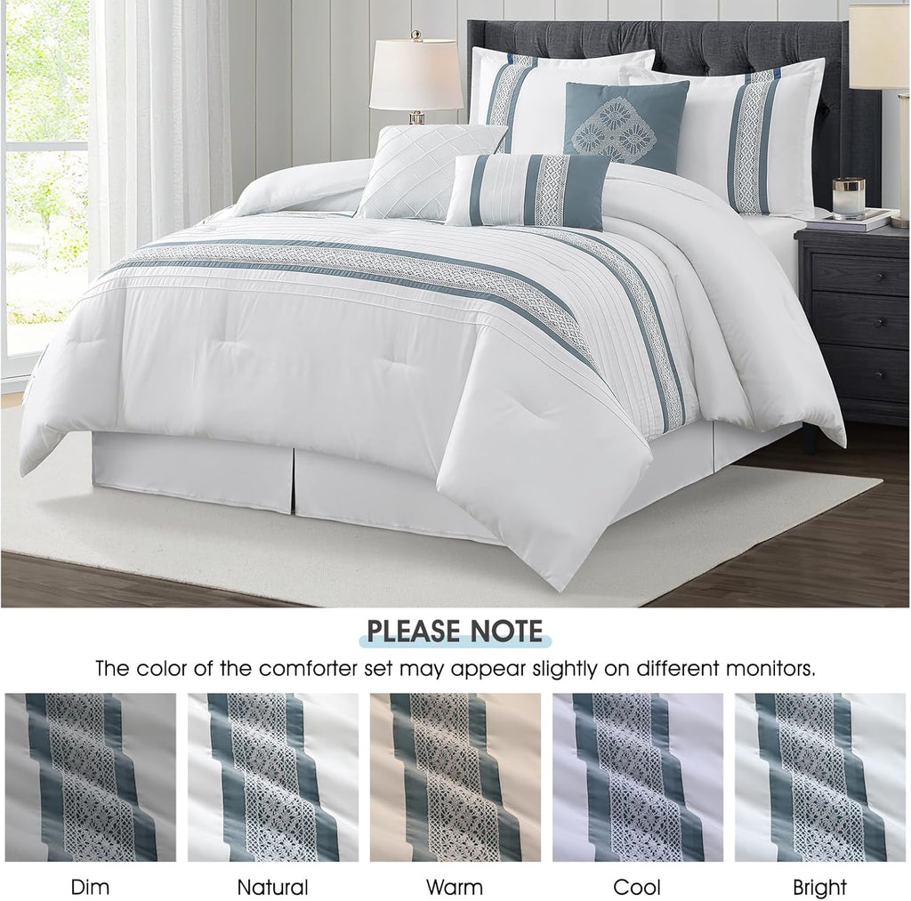 LANCO MODERN LIFESTYLE 7 Piece Comforter Set, Blue White, Queen Size, Boho Style Geometric Microfiber Embroidery, Bed in a Bag with Bedskirt, Pillow Shams and Decor Pillows