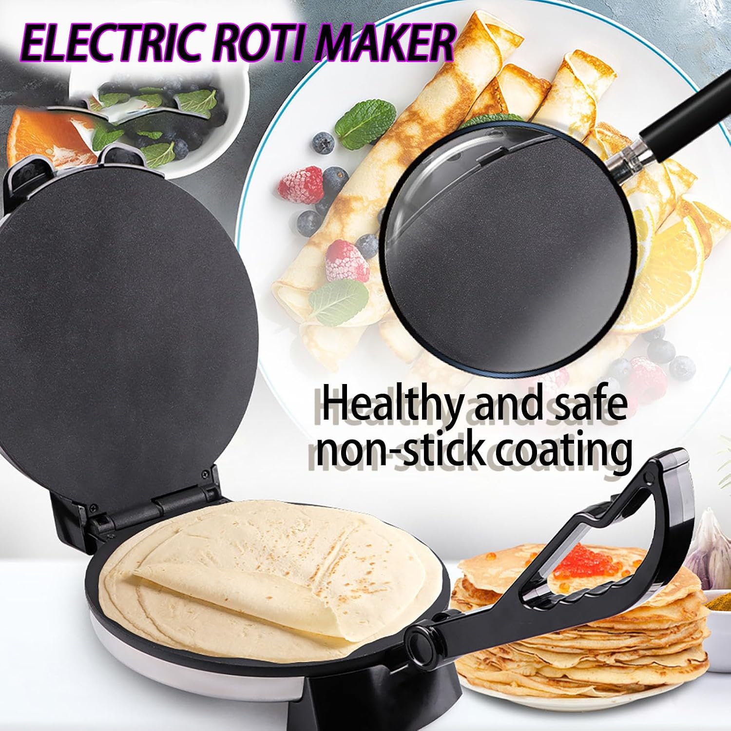 Roti Maker Machine, Electric Tortilla Machine, with Dual Surface Heating, Non Stick Plates, Adjustable Temperature, for Pancakes, Pizza, Quesadillas