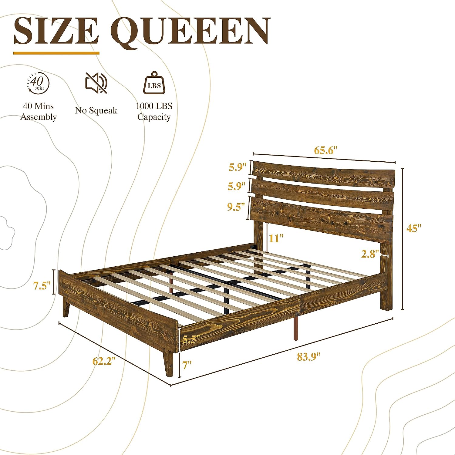 VanAcc Queen Size Solid Wood Bed Frame, Mid Century Platform Bed with Slatted Headboard, Wood Slat Support/No Box Spring Needed/Noise Free/Caramel