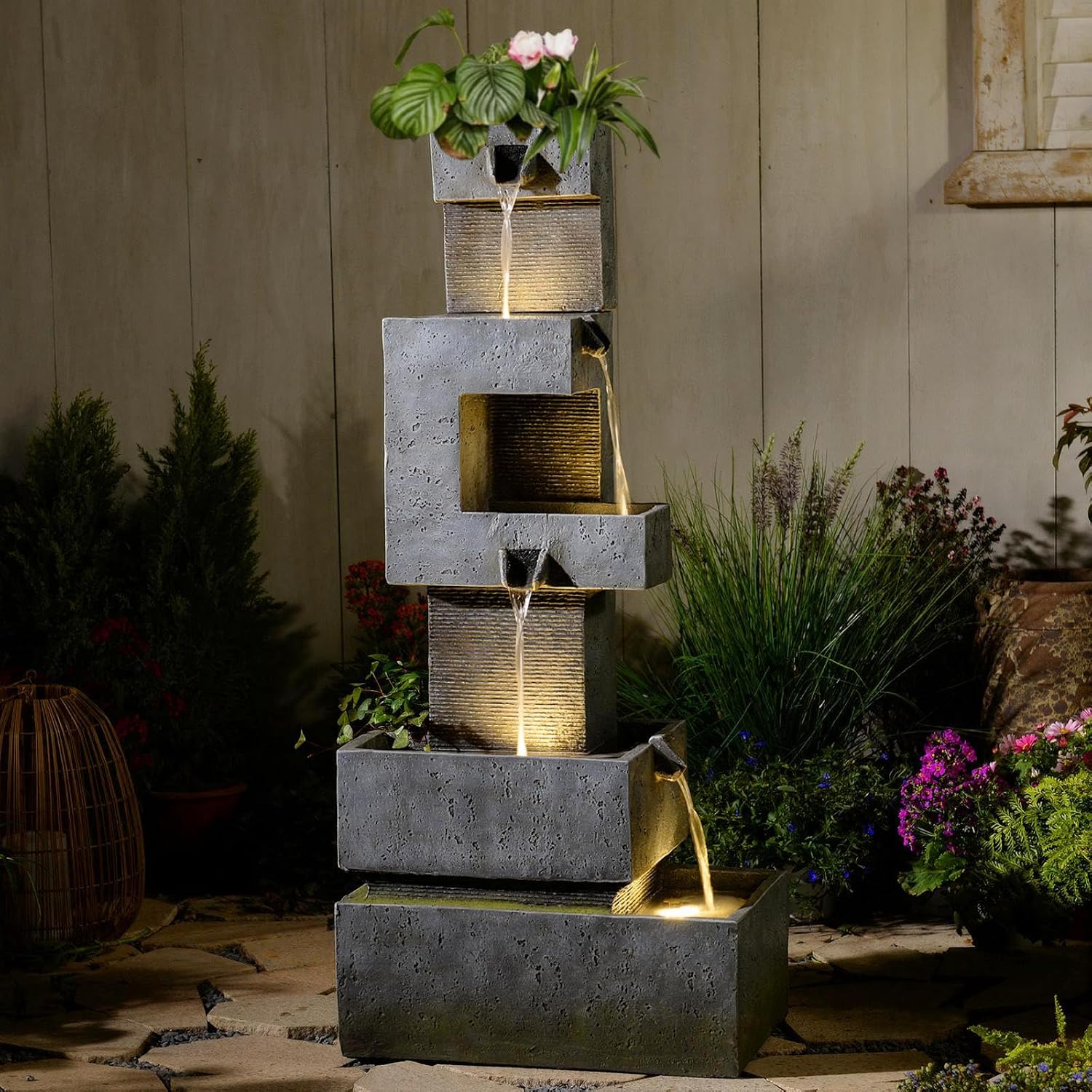 Sunlinua 48.4' H Outdoor Water Fountain with 4 Tiers Cascading Realistic Rock Waterfall Fountains with LED Lights Outdoor Water Fountain for Garden Patio Backyard Porch Home Decor