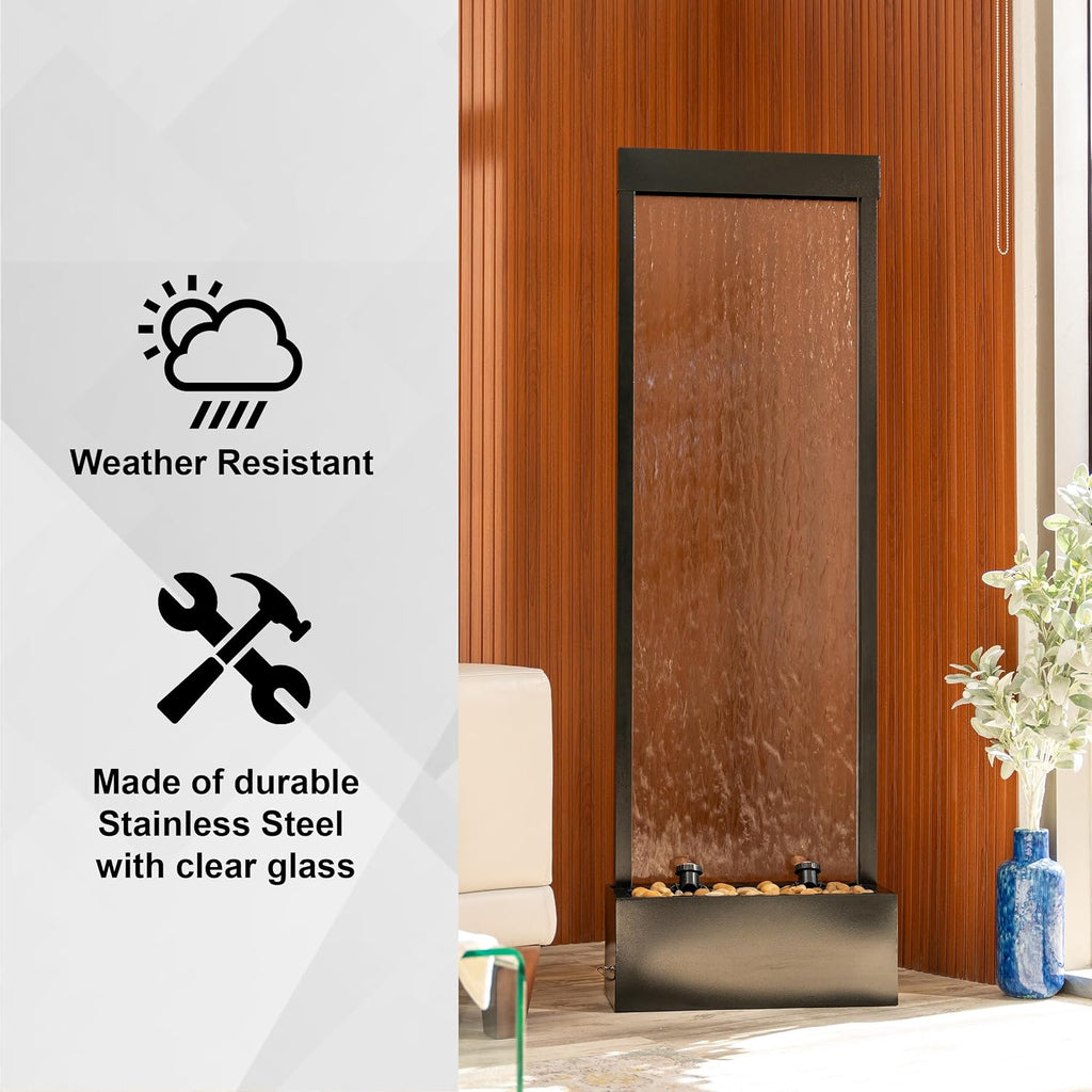 XBrand 68' H Freestanding Modern Waterfall Fountain, Aluminum & Clear Glass, LED Lights, Decorative Rocks, Auto Shut-Off Pump, Indoor/Outdoor, Black