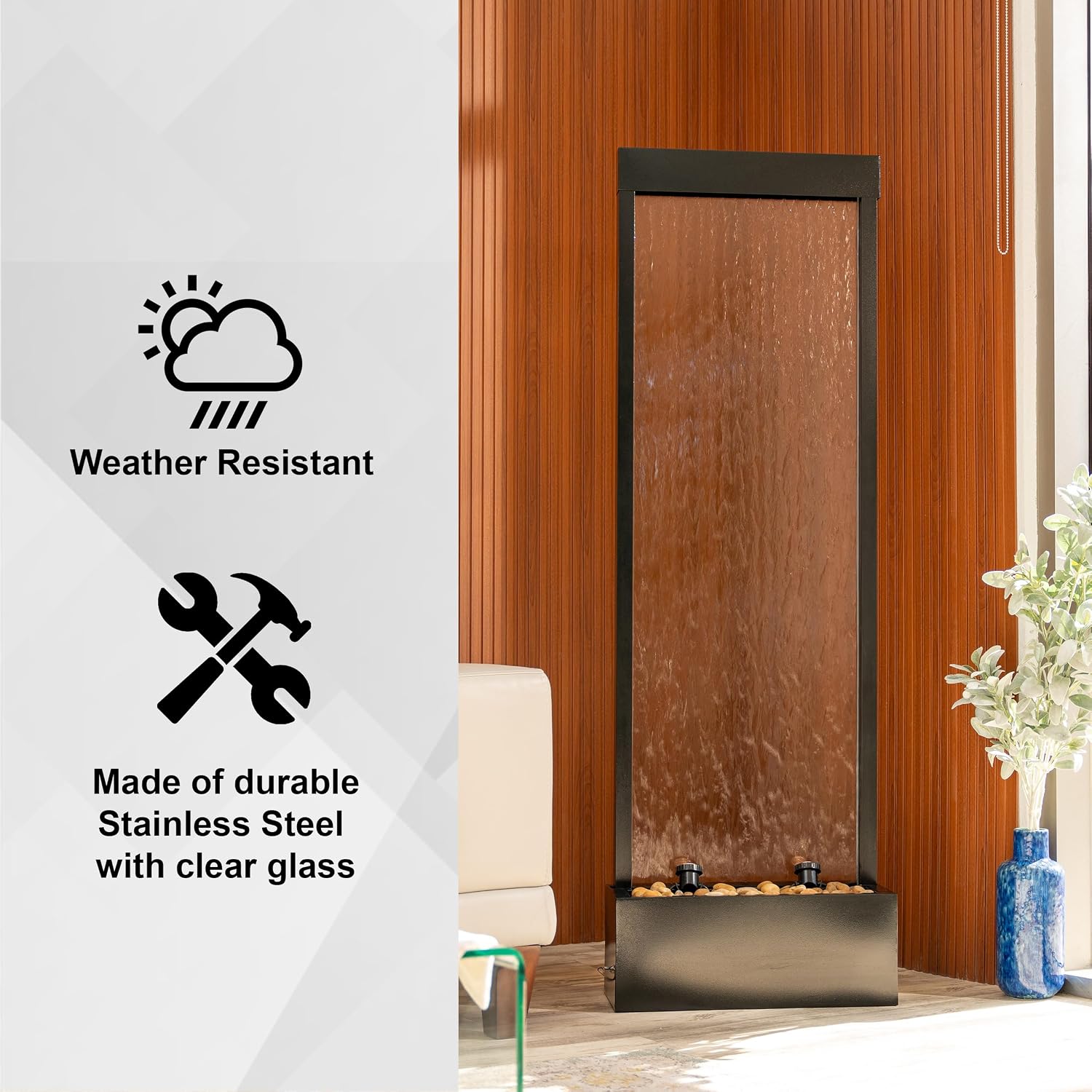 XBrand 68' H Freestanding Modern Waterfall Fountain, Aluminum & Clear Glass, LED Lights, Decorative Rocks, Auto Shut-Off Pump, Indoor/Outdoor, Black