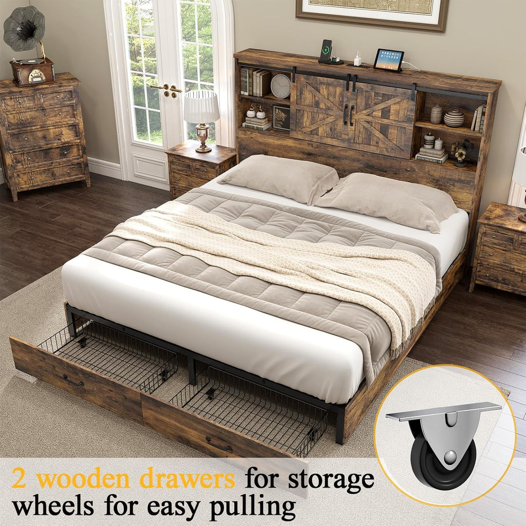HOWE Farmhouse Queen Size Bed Frame with 51.2' Bookcase Headboard, Wooden Platform Bed with 2 Drawers, Sliding Barn Door Dec, Storage Bed with Charging Station, No Box Spring Needed, Rustic Brown