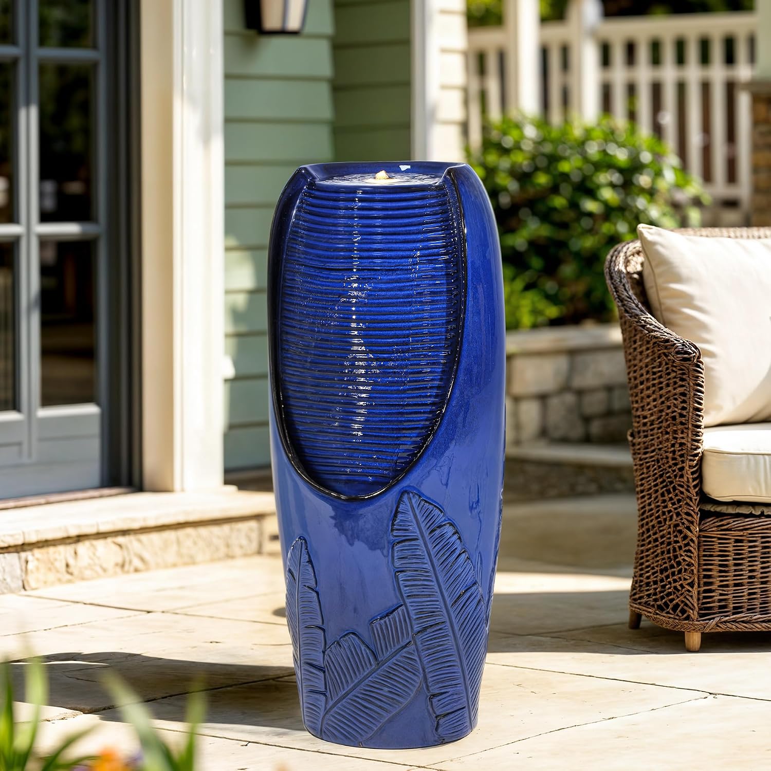33' Tall Outdoor Garden Fountain with LED Lights, Modern Ceramic Jar Water Fountain, 3D Tropical Leaf Pattern, Cobalt Blue Glaze, Soothing Cascading Waterfall for Relaxing Patio, Yard, Porch