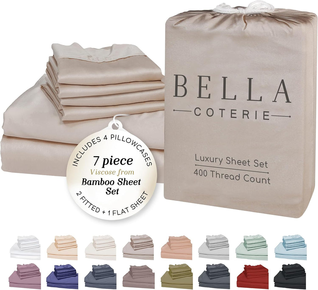 Bella Coterie 7 Piece Luxury Bamboo Viscose Split King Size Sheet Set | 2 Fitted Sheets for Adjustable Beds | 100% Organically Grown | Cooling for Hot Sleepers | 4 Pillowcases [Dune]