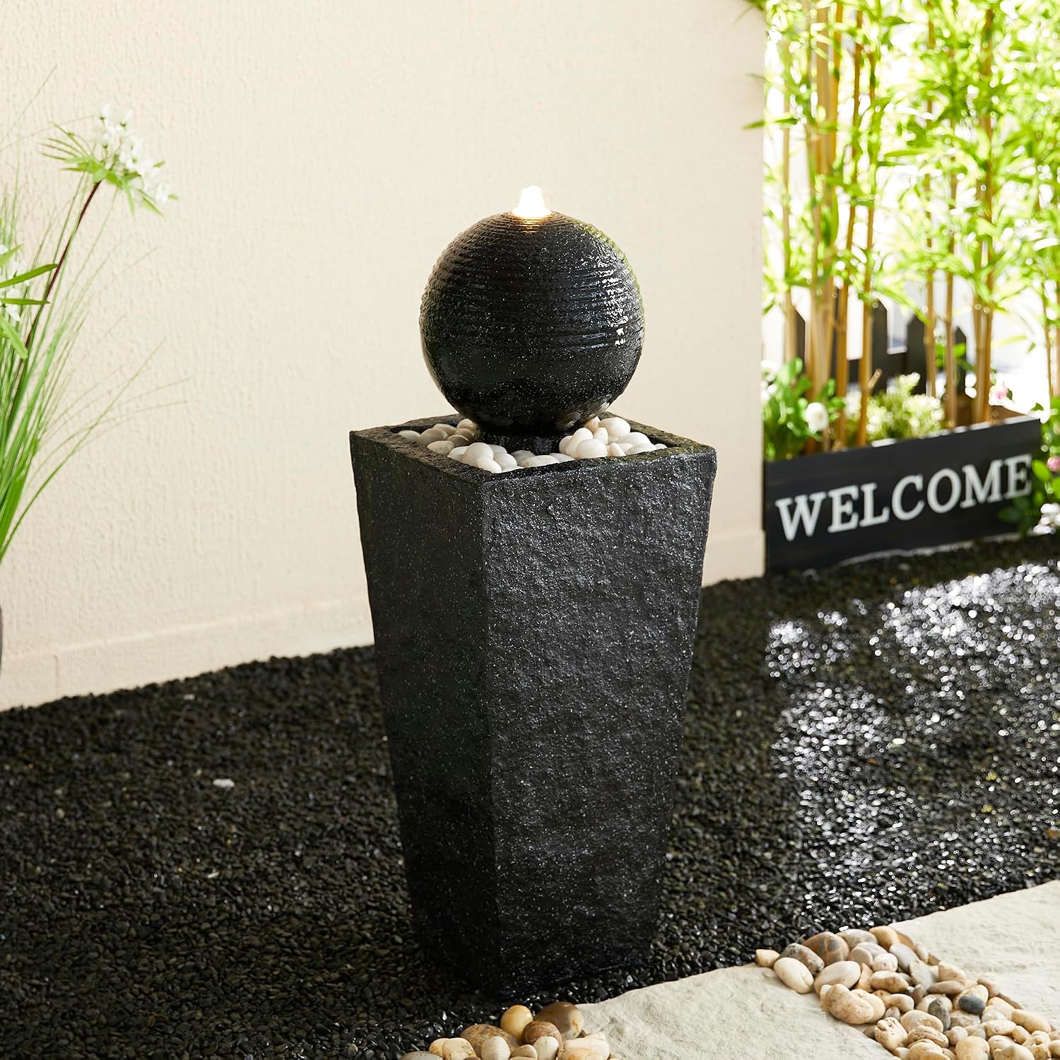 Glitzhome Outdoor Water Fountain with LED Light & Pump, Black Pedestal Sphere Fountain Decorative Water Fountains, Modern Waterfall Floor Fountain with Pebbles for Garden Patio Decor Porch, 31.75'H