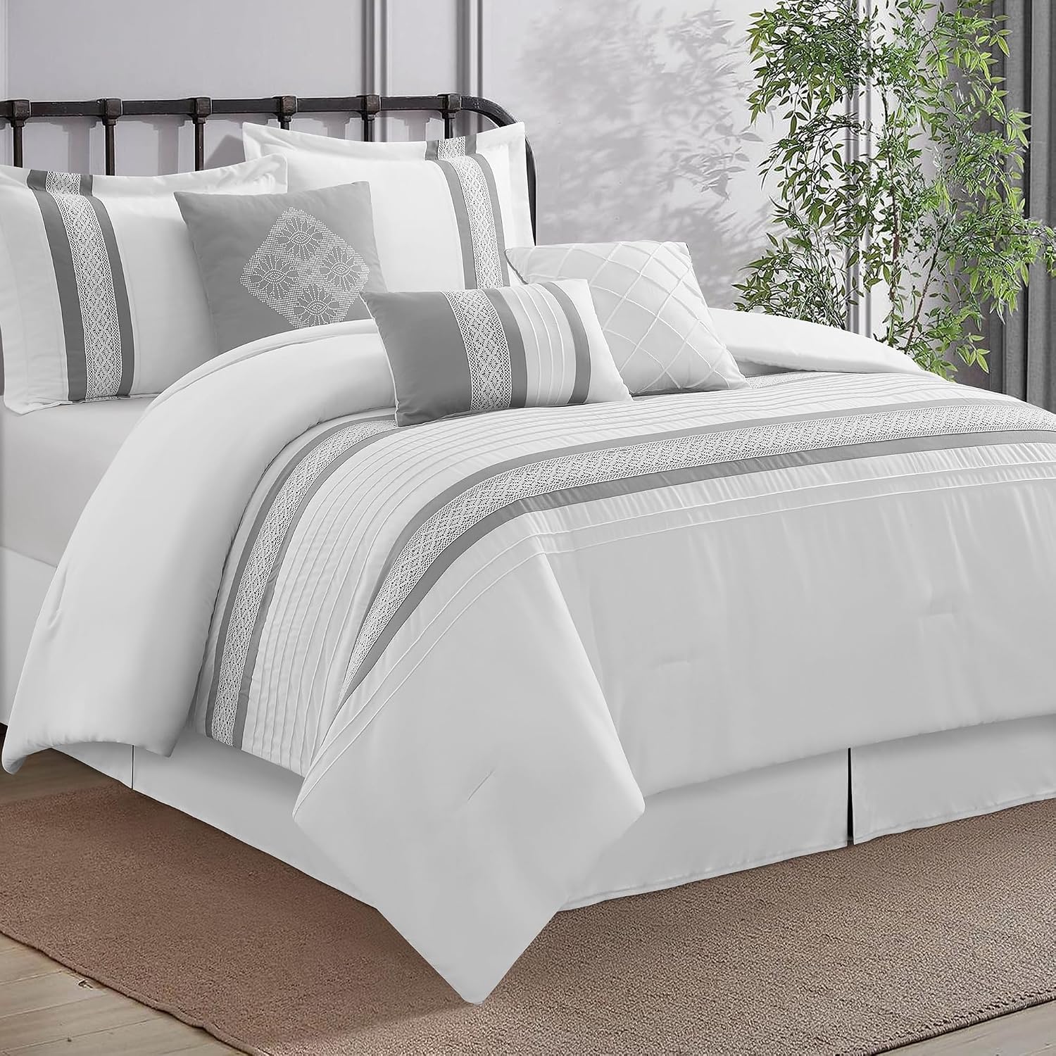 LANCO MODERN LIFESTYLE 7 Piece Comforter Set, Grey White, California King, Boho Style Geometric Microfiber Embroidery, Bed in a Bag with Bedskirt, Pillow Shams and Decor Pillows