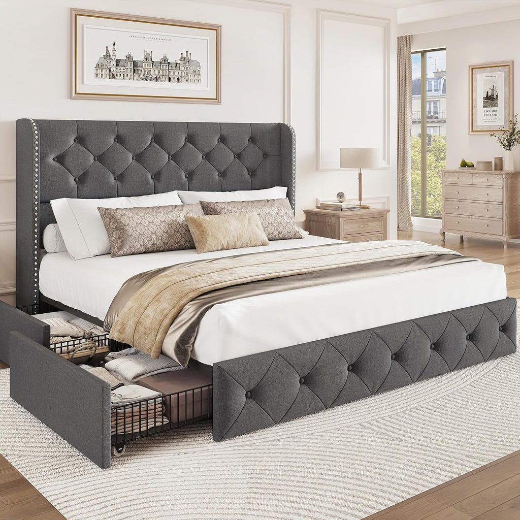 BRELTAM Queen Size Bed Frame with Storage Drawers and Wingback Headboard Linen Upholstered Platform Bed Frame Tufted Beds with Heavy Duty Wood Slats, Noise Free, Easy Assembly, Grey