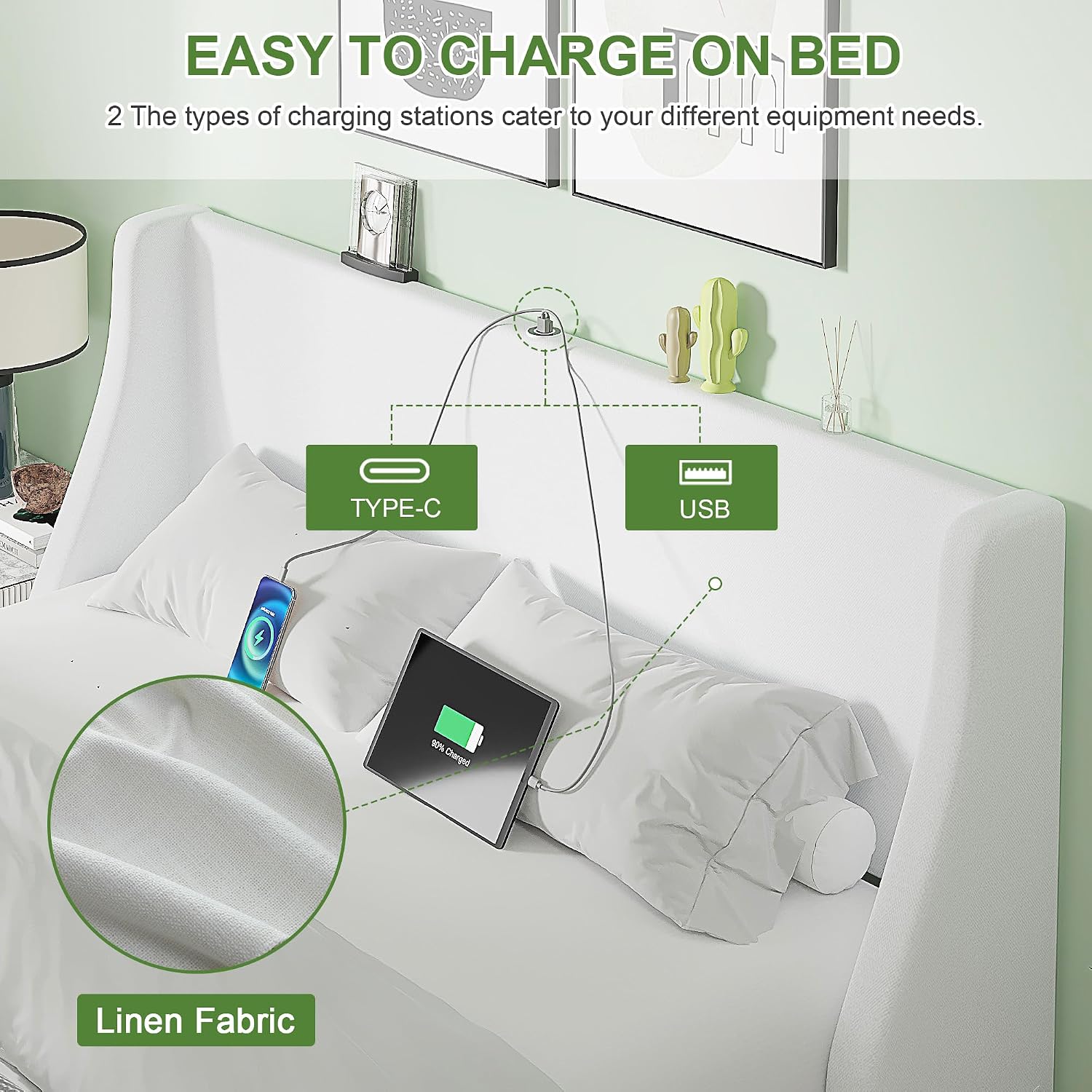 VECELO Full Bed Frame with Upholstered Wingback Headboard, Heavy-Duty Platform Bedframe with Charging Station & Side Pockets, No Box Spring Needed, White