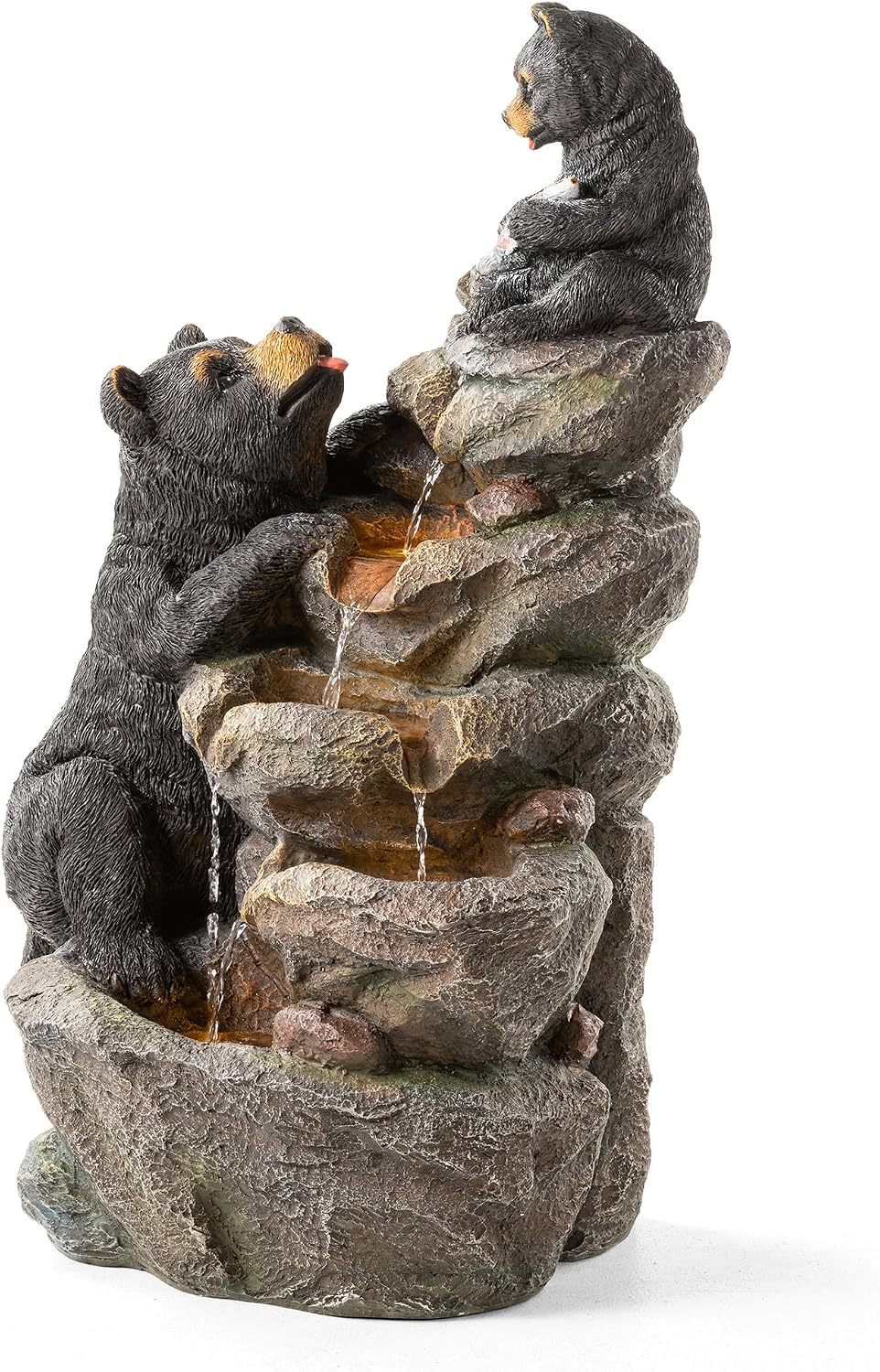 Glitzhome Water Fountain Outdoor, Outdoor Fountain with Lights & Pump, 30.5' H 4-Tiered Mom and Baby Bear Polyresin Cascading Waterfall Floor Standing Water Feature for Garden, Patio, Yard, Deck