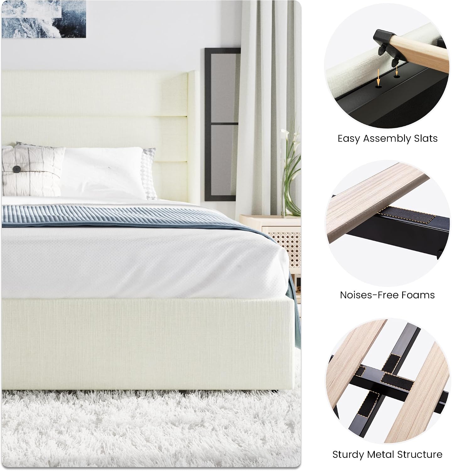 SHA CERLIN King Size Lift Up Storage Bed/Chenille Fabric Upholstered/Modern Wingback Headboard/Platform Bed Frame/Hydraulic Storage/No Box Spring Needed/Wood Slats Support/Cream