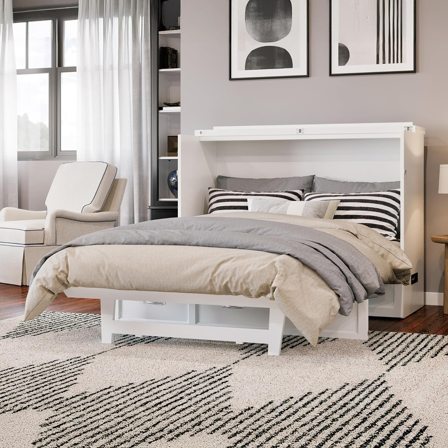 AFI, Northfield Murphy Bed Chest Full with 6' Mattress, Storage Drawer & Built-in USB Charger, White