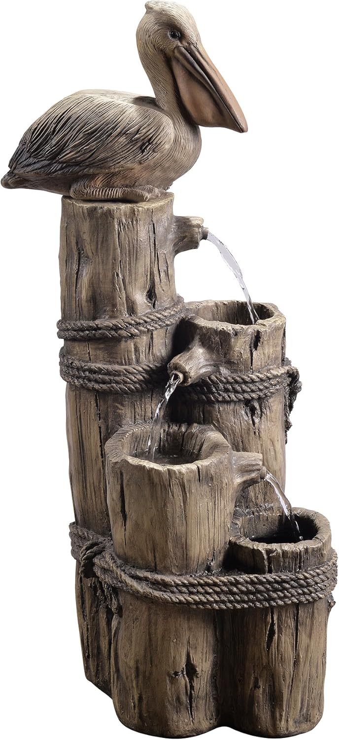 Teamson Home 35.42' 4-Tier Pelican and Driftwood Pier Post Outdoor Cascading Water Fountain, Brown