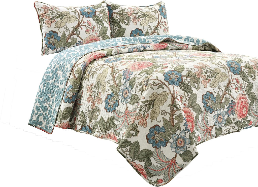 Lush Decor Sydney Reversible Cotton Quilt Set, 3 Piece Set, King/California King, Green & Blue - Cotton Bedding Set - Blue Floral Quilt - Cottage Decor - Bedding King Size