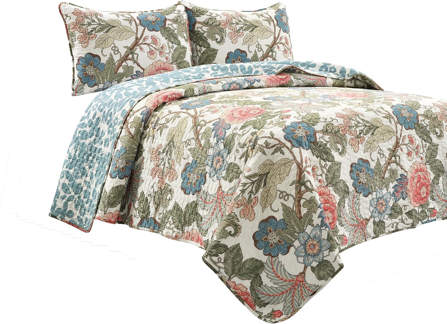 Lush Decor Sydney Reversible Cotton Quilt Set, 3 Piece Set, King/California King, Green & Blue - Cotton Bedding Set - Blue Floral Quilt - Cottage Decor - Bedding King Size
