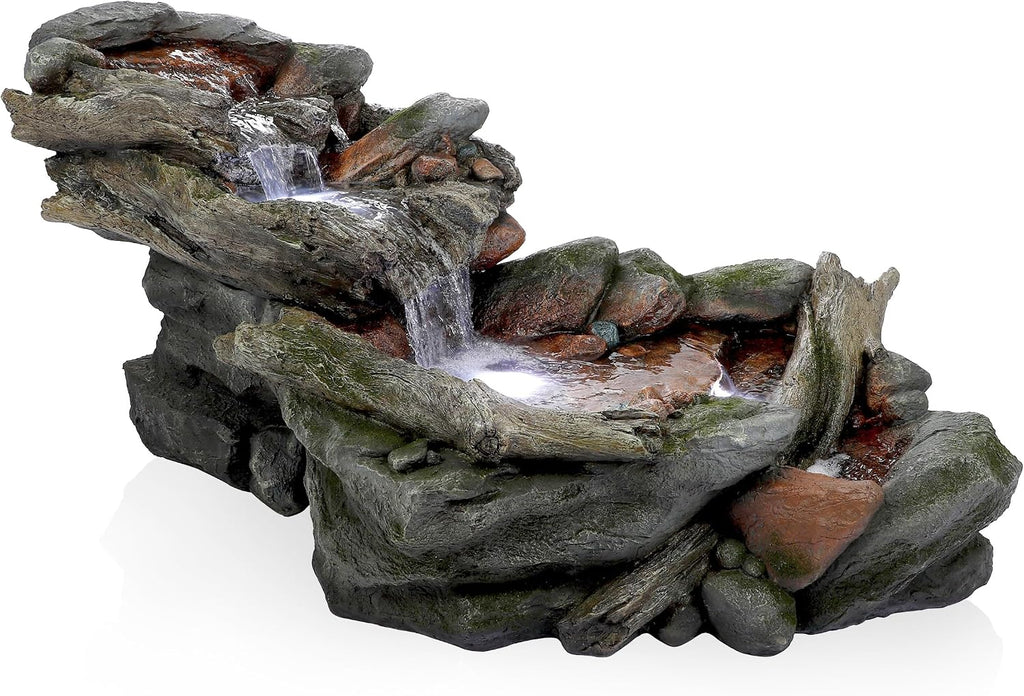 Alpine Corporation | 60'L Outdoor 3-Tier Rainforest Rock River Hand-Painted Water Fountain with LED Lights — Garden, Patio & Yard Décor