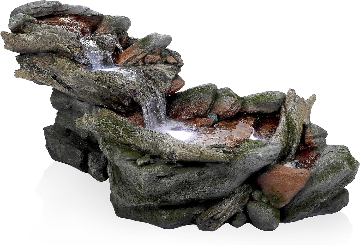 Alpine Corporation | 60'L Outdoor 3-Tier Rainforest Rock River Hand-Painted Water Fountain with LED Lights — Garden, Patio & Yard Décor